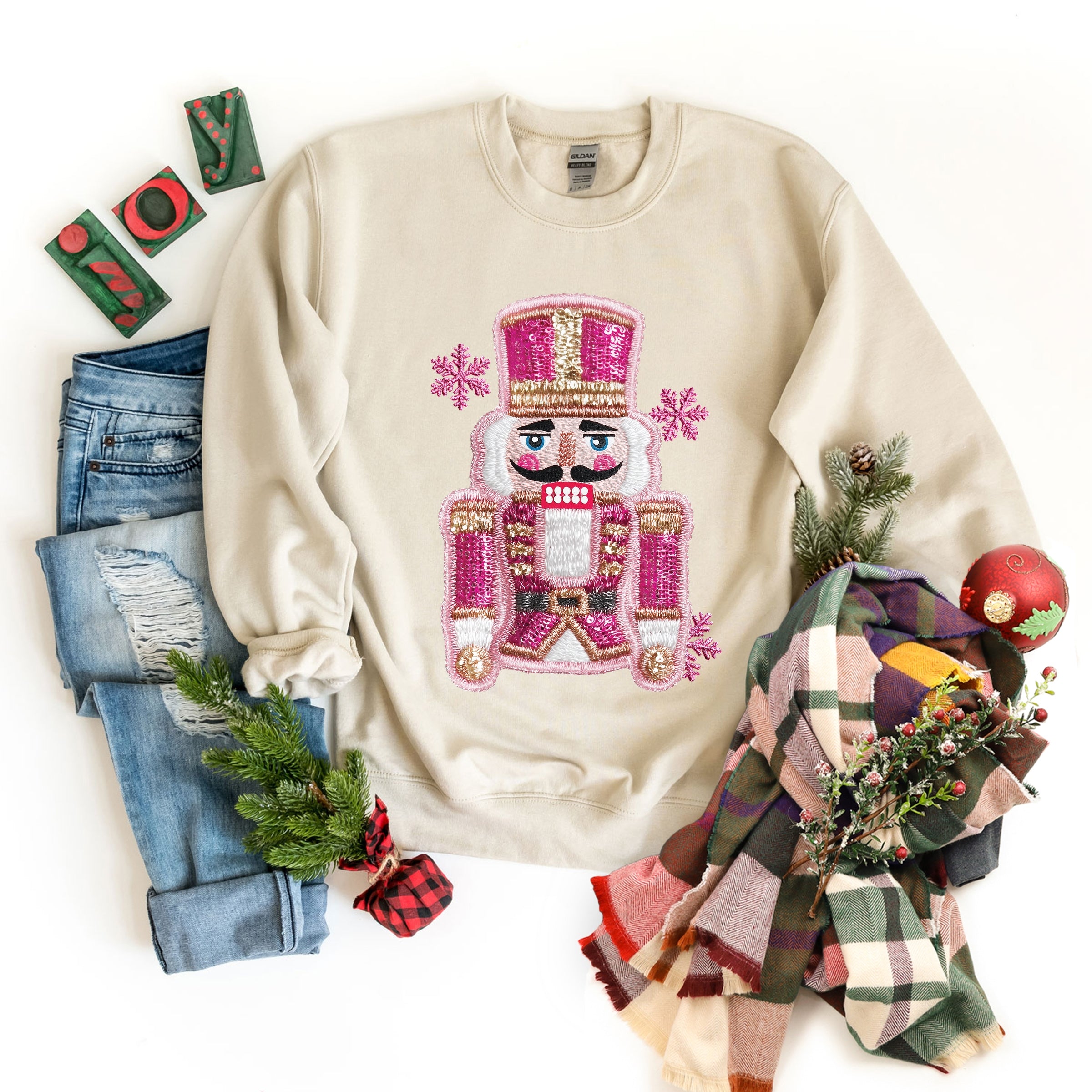 Pink Snowflake Nutcracker Patchwork Print - Women's Graphic Sweatshirt