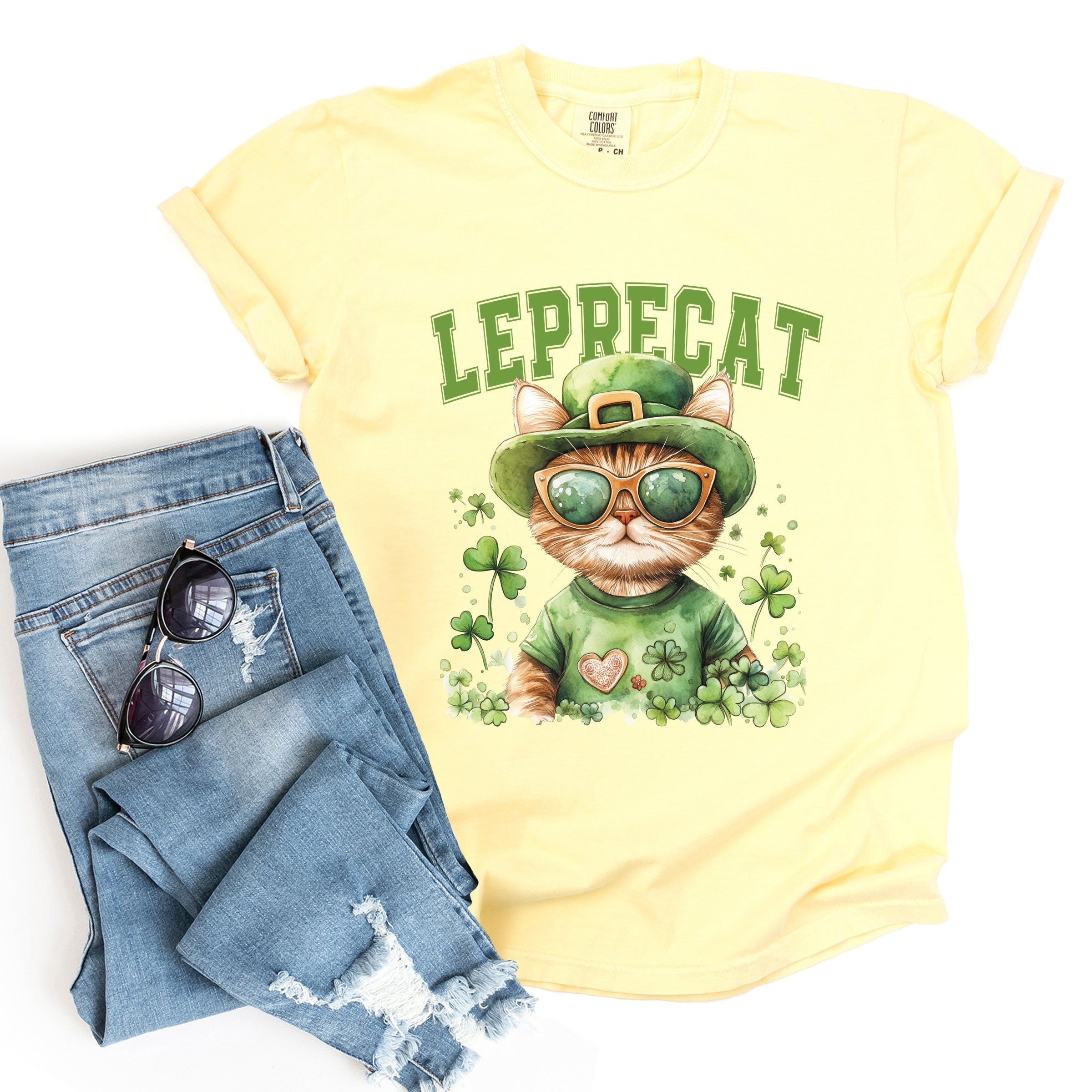 Leprecat Watercolor Cat - Women's Garment Dyed Graphic T-Shirt