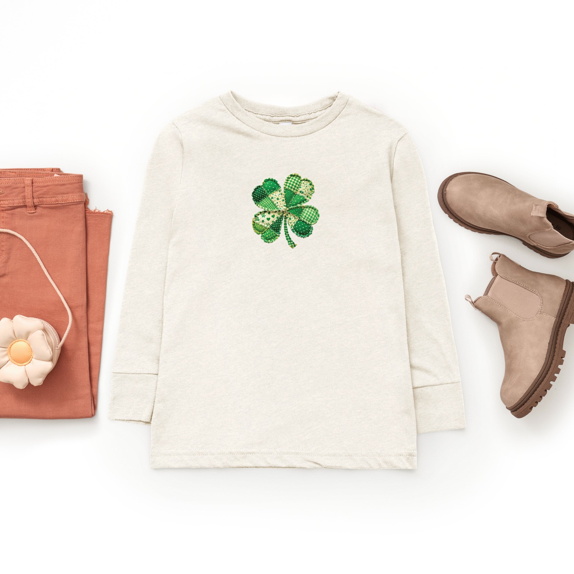 Four Leaf Clover Patchwork Print - Youth Long Sleeve Graphic T-Shirt
