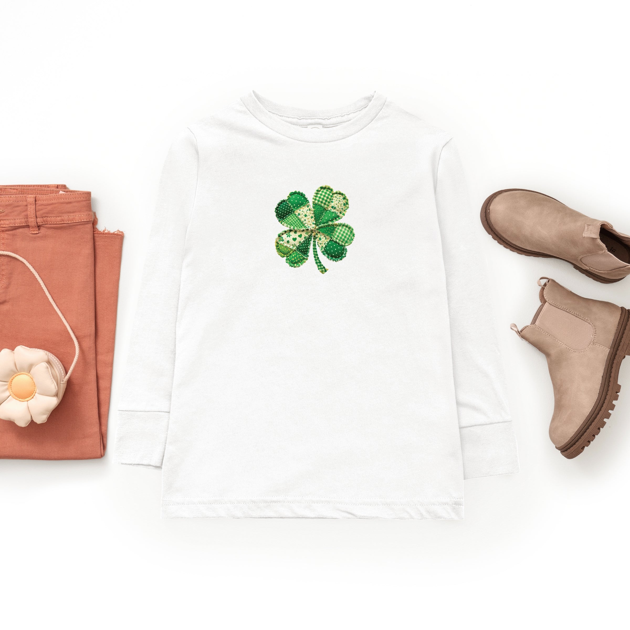 Four Leaf Clover Patchwork Print - Youth Long Sleeve Graphic T-Shirt