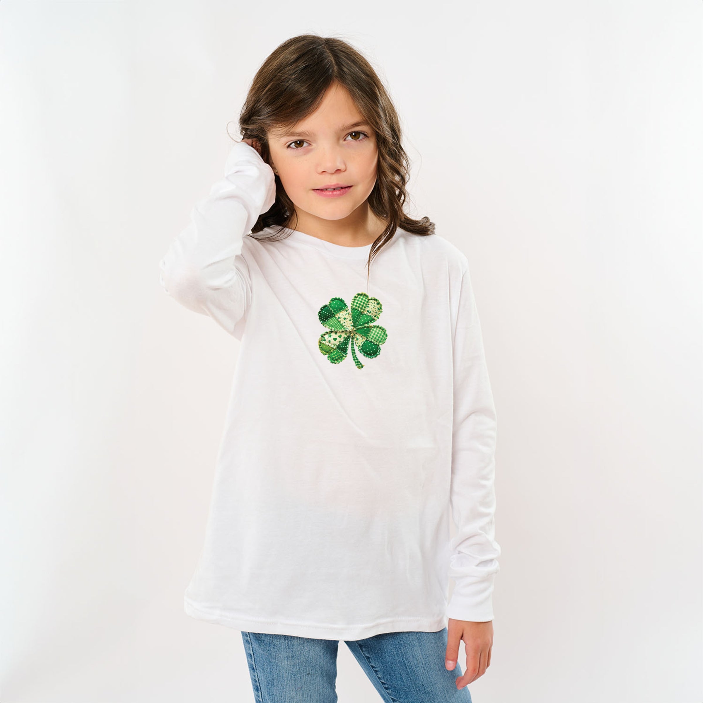 Four Leaf Clover Patchwork Print - Youth Long Sleeve Graphic T-Shirt