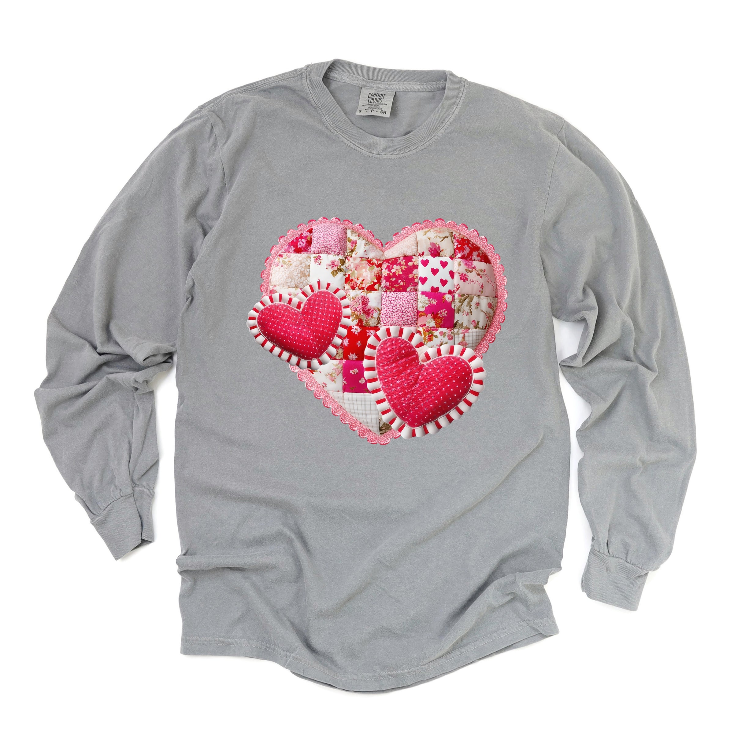 Hearts Patchwork Print - Women's Garment Dyed Long Sleeve Graphic T-Shirt