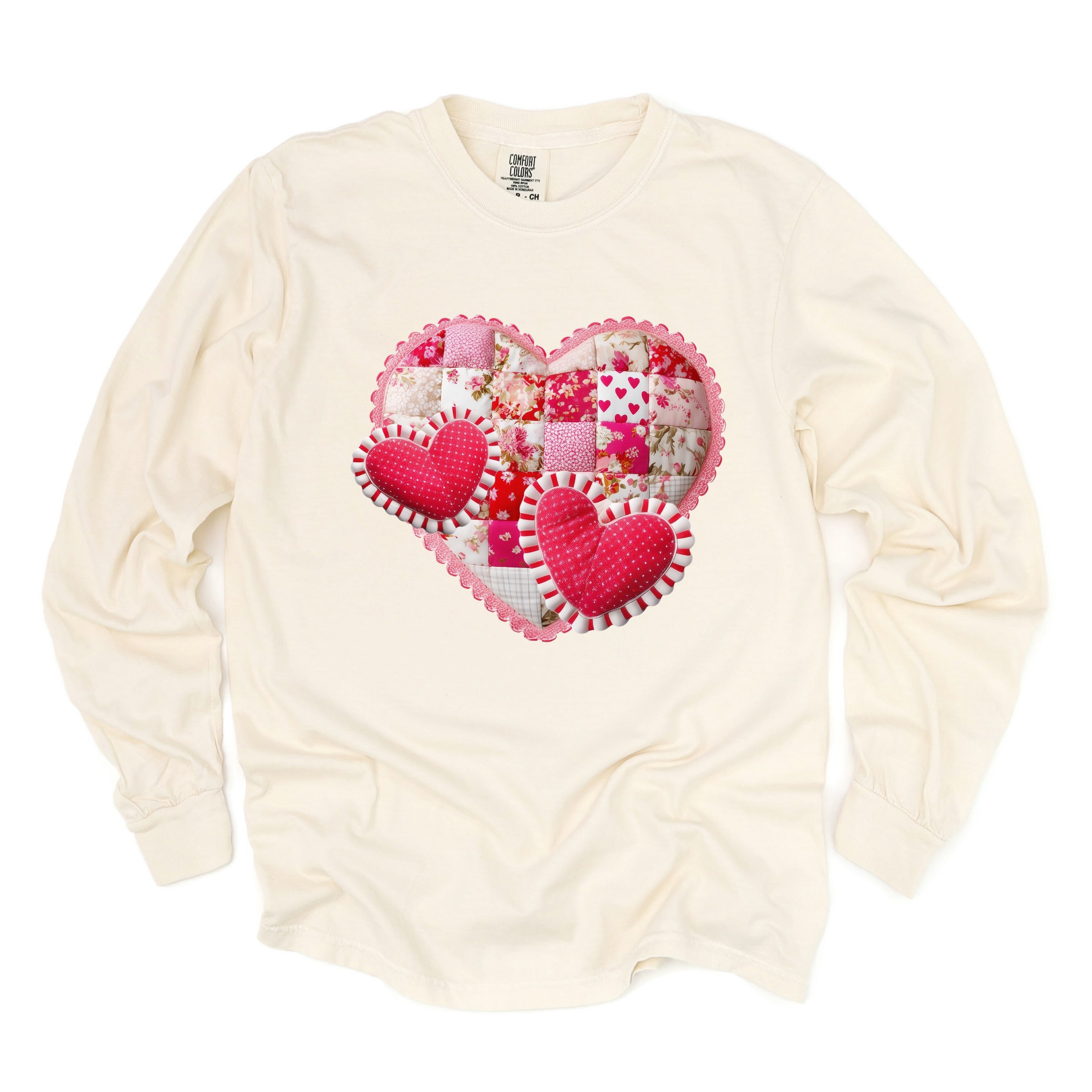 Hearts Patchwork Print - Women's Garment Dyed Long Sleeve Graphic T-Shirt