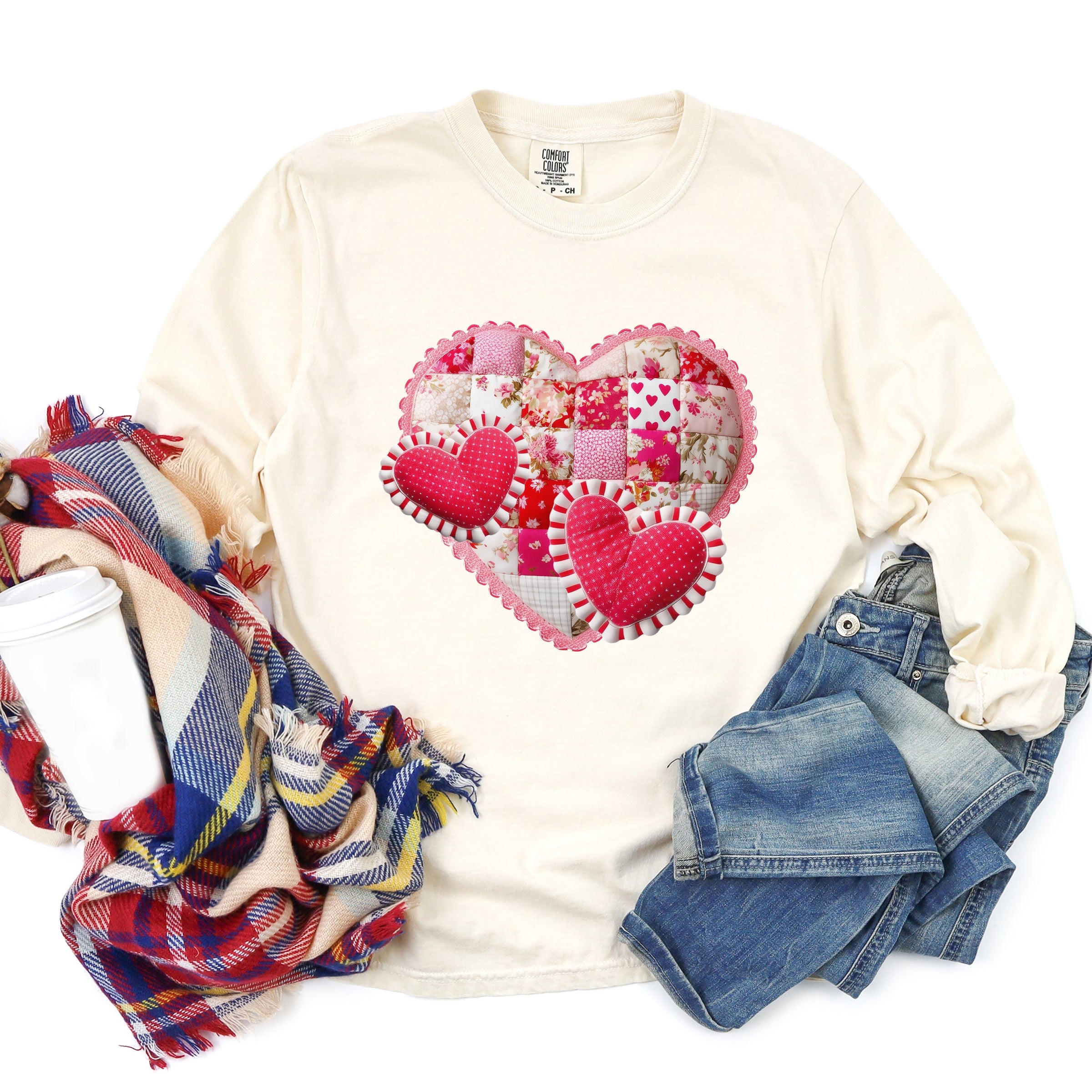 Hearts Patchwork Print - Women's Garment Dyed Long Sleeve Graphic T-Shirt