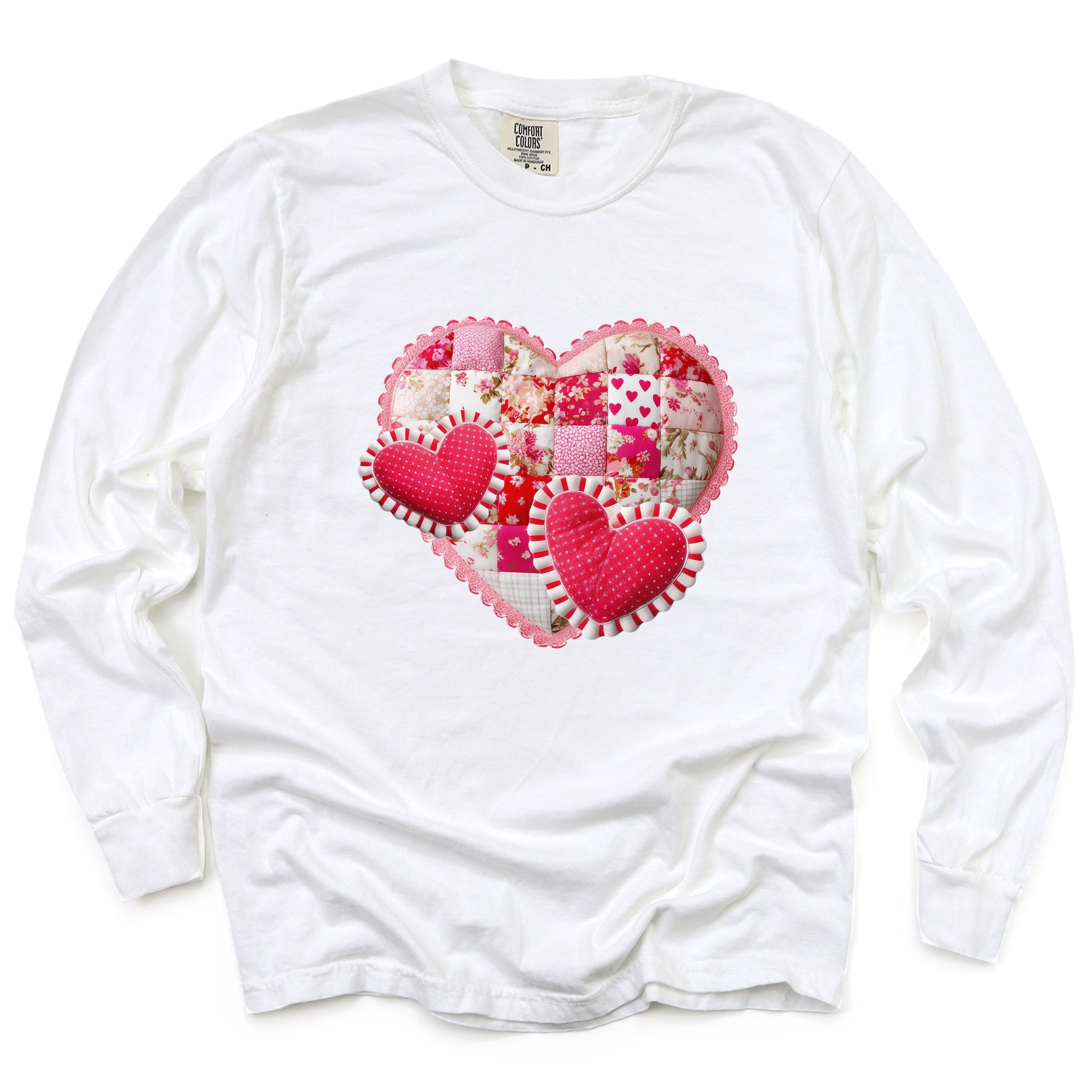 Hearts Patchwork Print - Women's Garment Dyed Long Sleeve Graphic T-Shirt