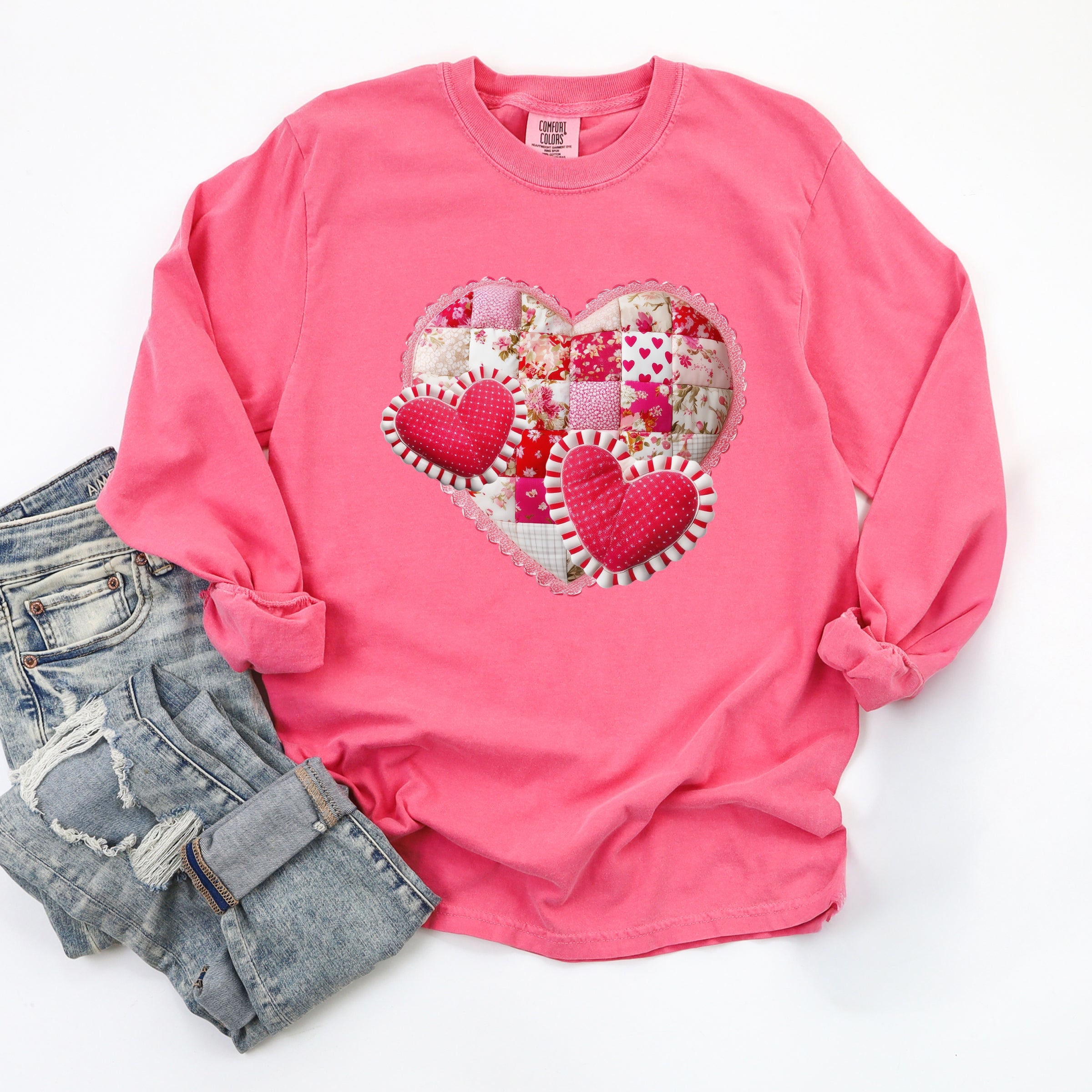 Hearts Patchwork Print - Women's Garment Dyed Long Sleeve Graphic T-Shirt