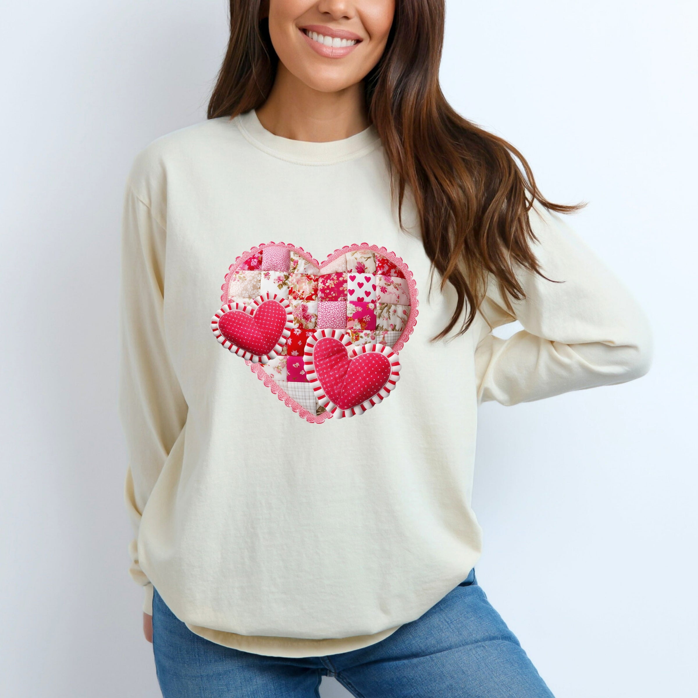 Hearts Patchwork Print - Women's Garment Dyed Long Sleeve Graphic T-Shirt