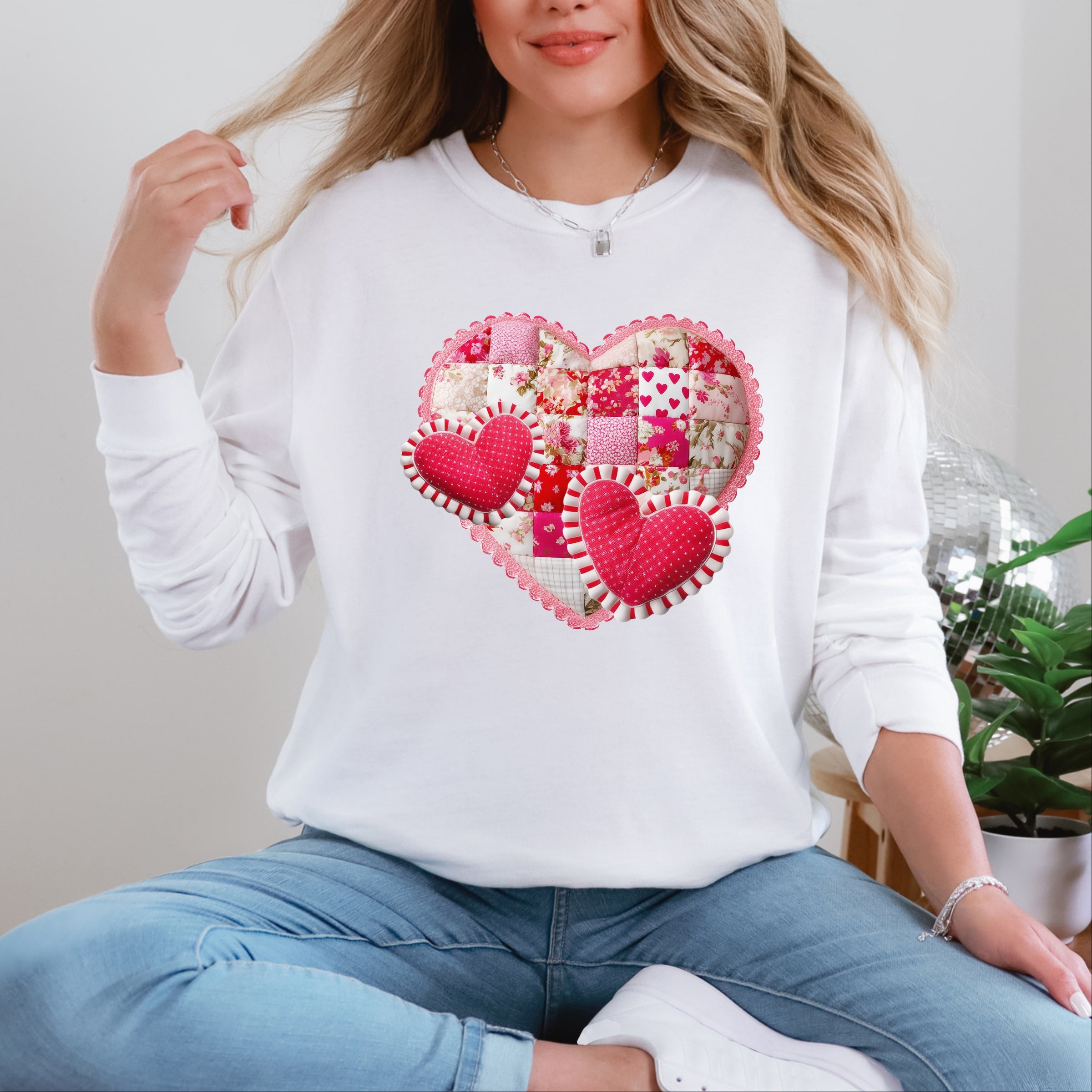 Hearts Patchwork Print - Women's Garment Dyed Long Sleeve Graphic T-Shirt