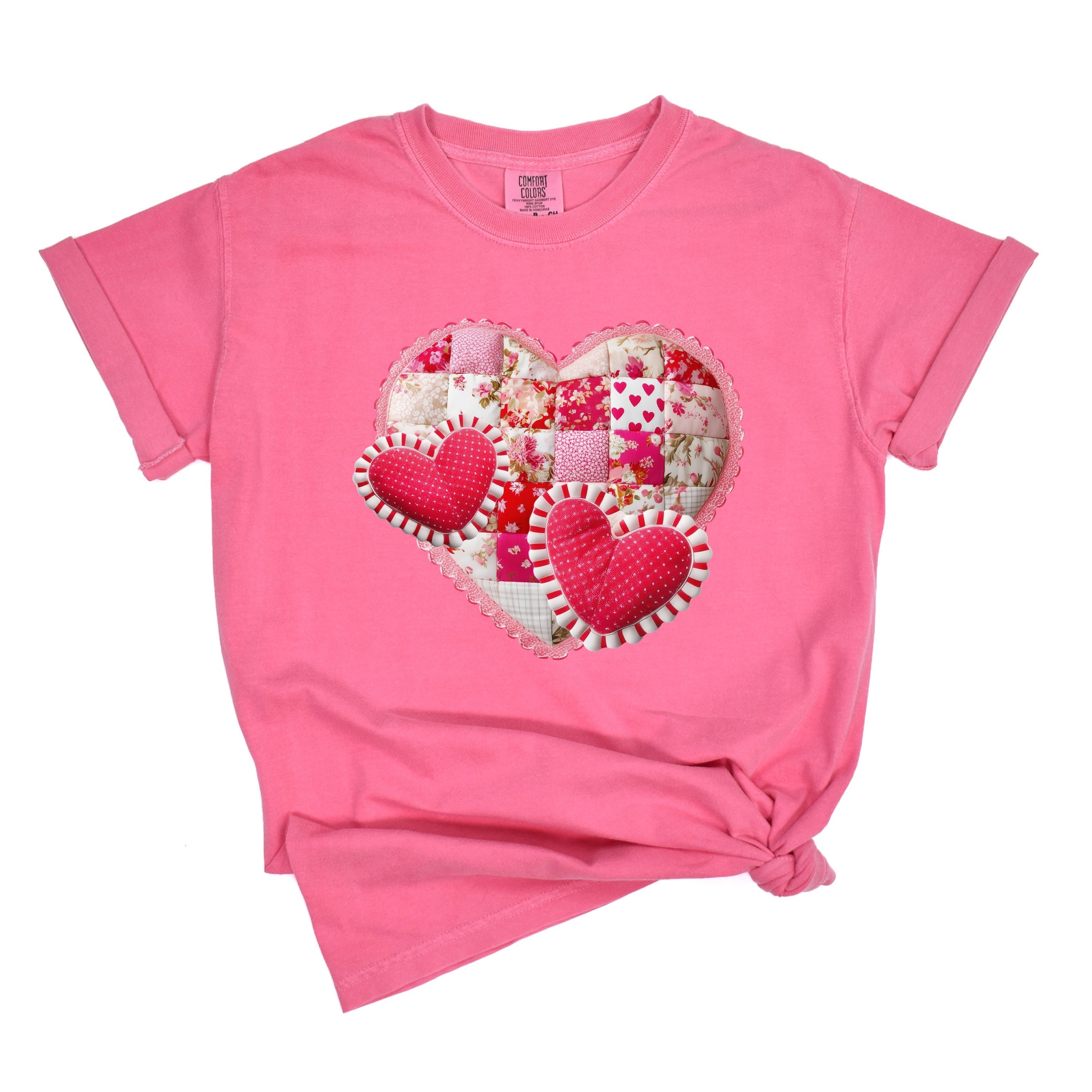 Hearts Patchwork Print - Women's Garment Dyed Graphic T-Shirt