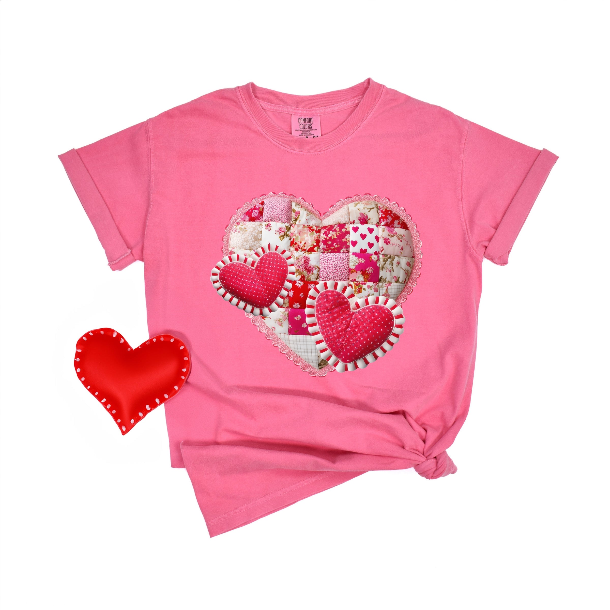 Hearts Patchwork Print - Women's Garment Dyed Graphic T-Shirt