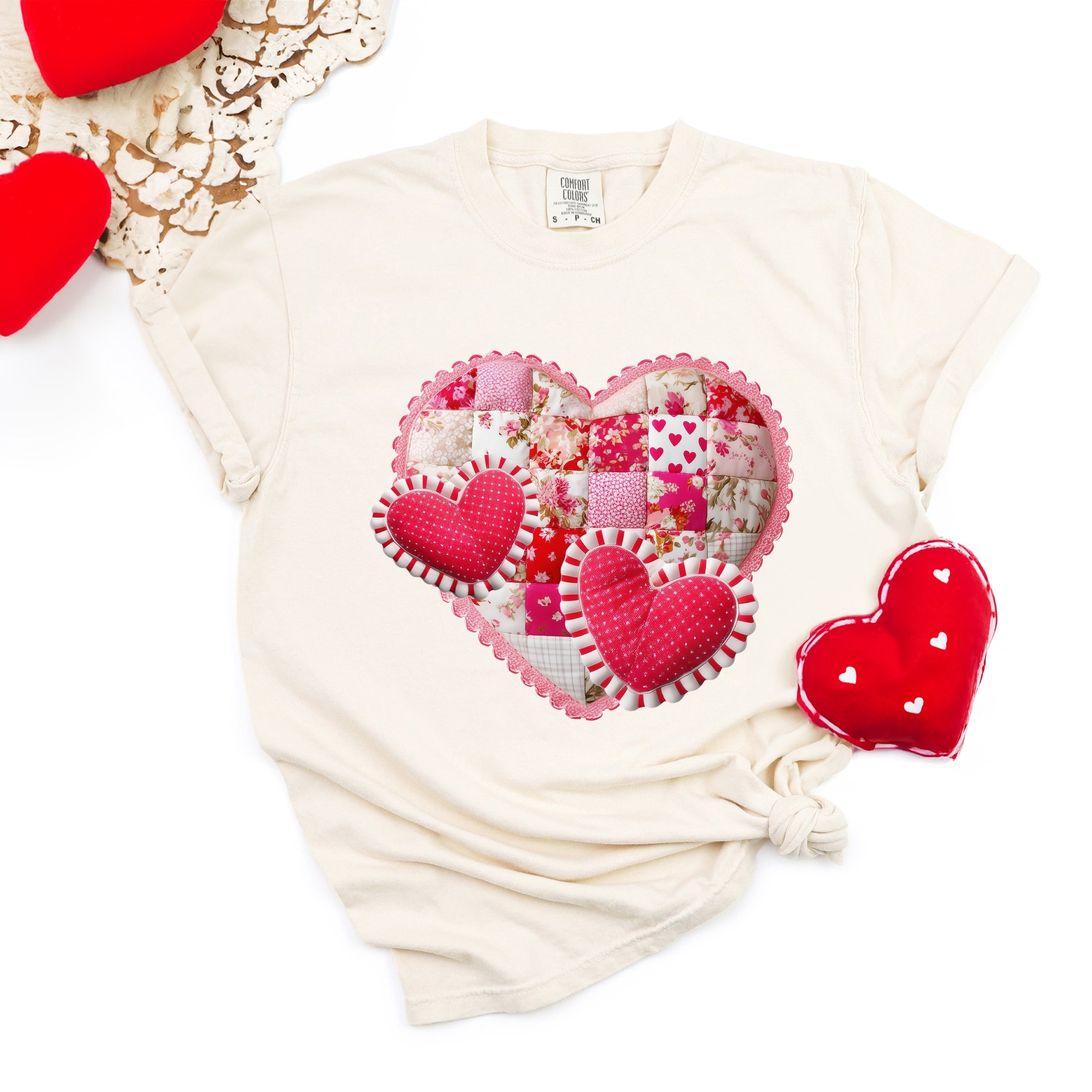 Hearts Patchwork Print - Women's Garment Dyed Graphic T-Shirt