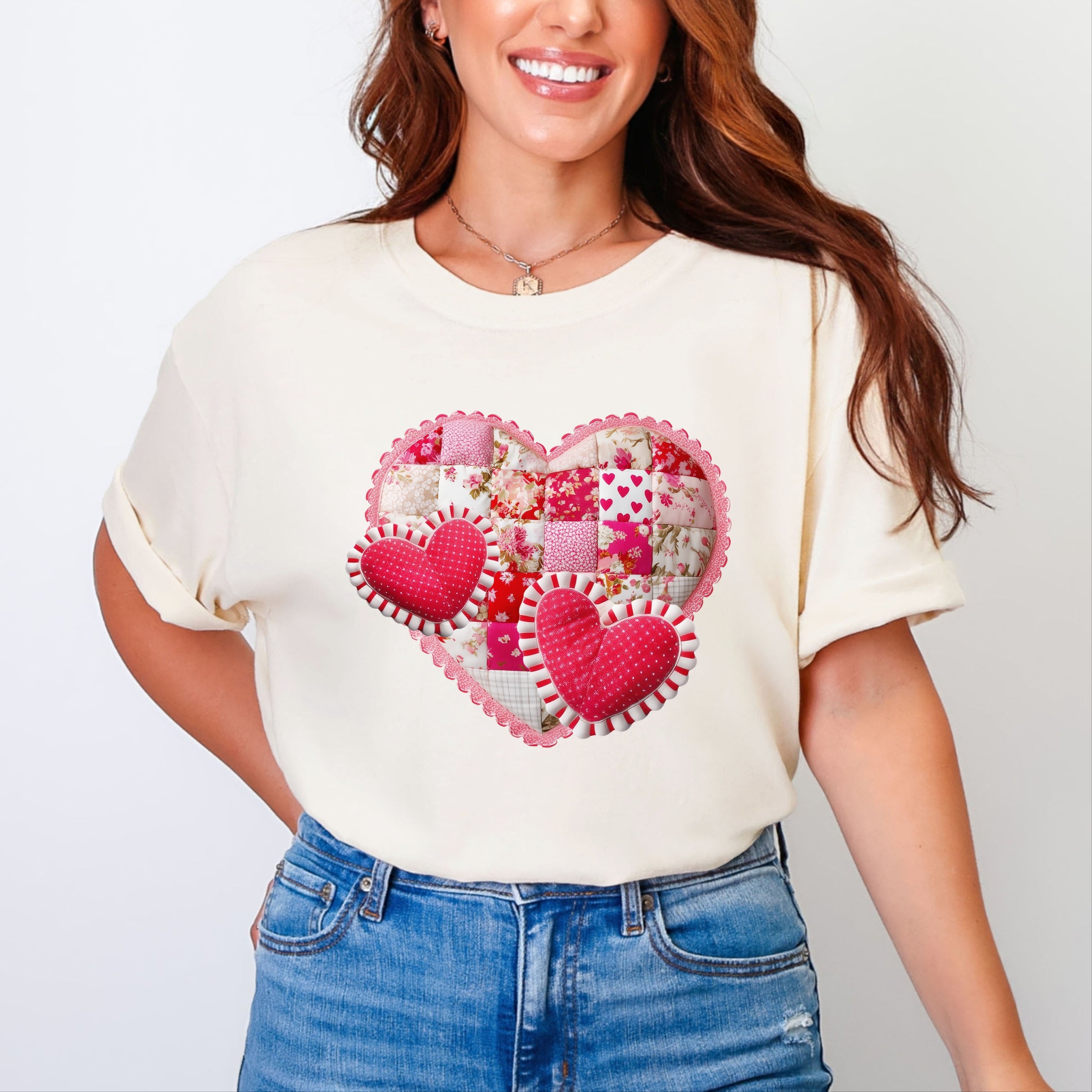 Hearts Patchwork Print - Women's Garment Dyed Graphic T-Shirt