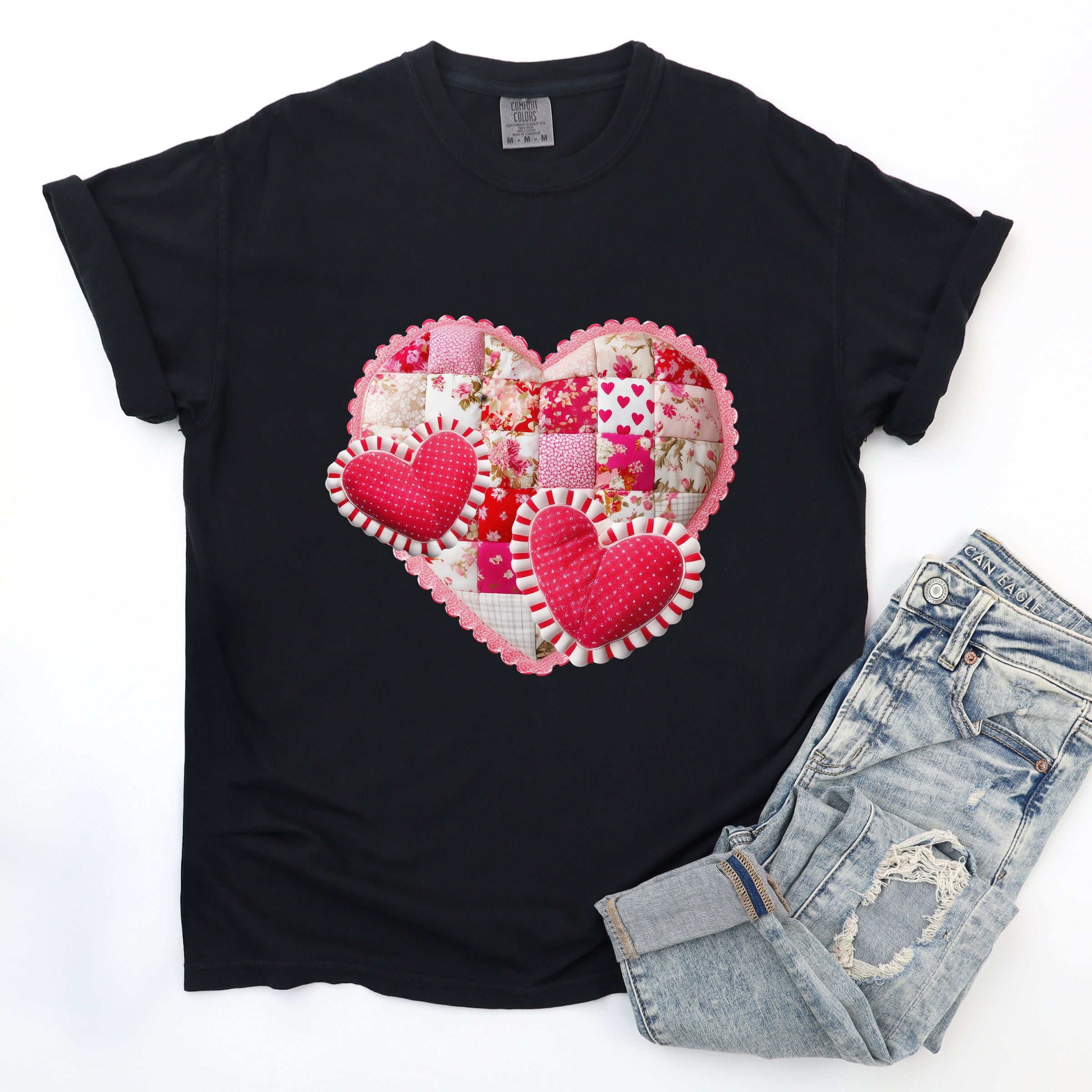Hearts Patchwork Print - Women's Garment Dyed Graphic T-Shirt