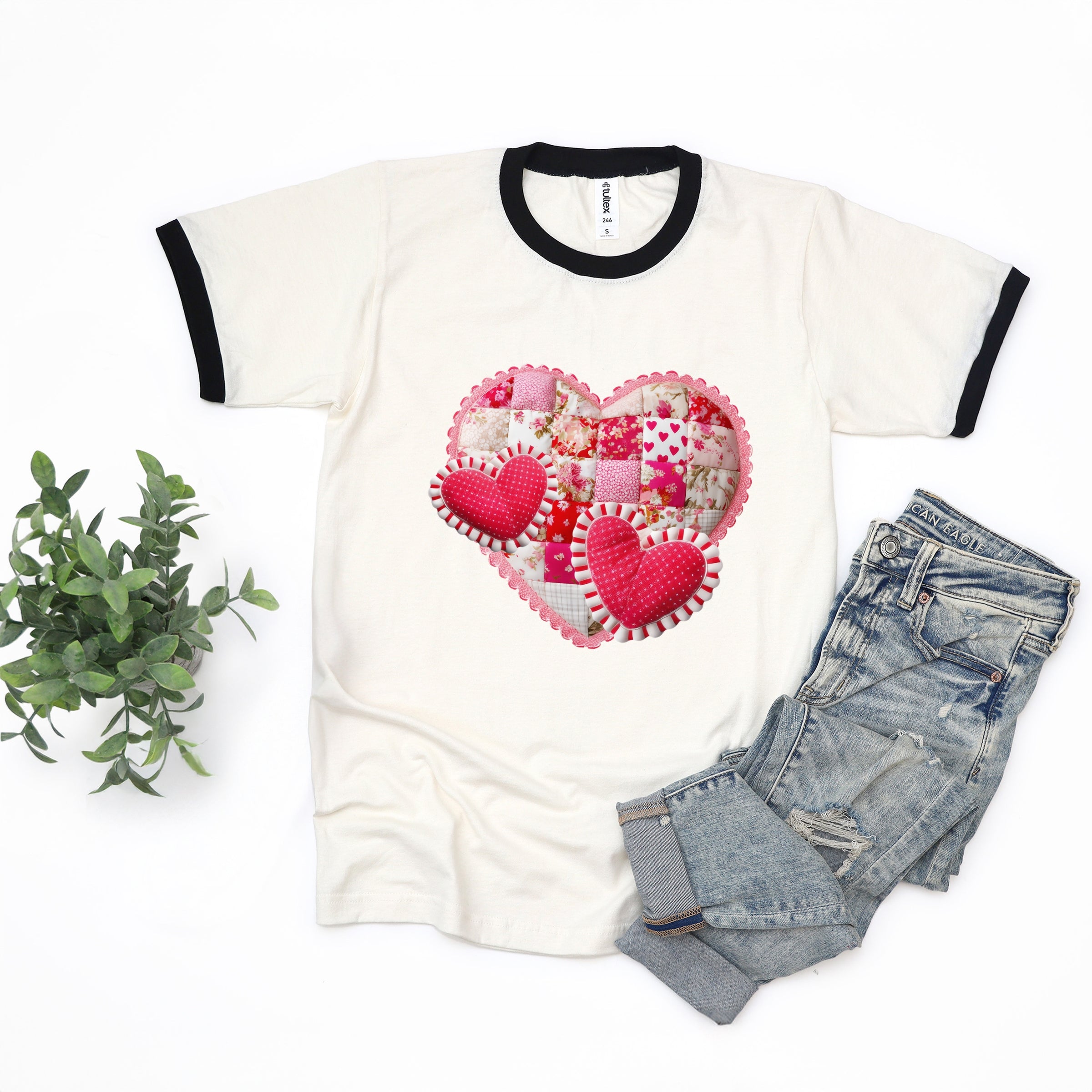 Hearts Patchwork Print - Women's Ringer Graphic T-Shirt