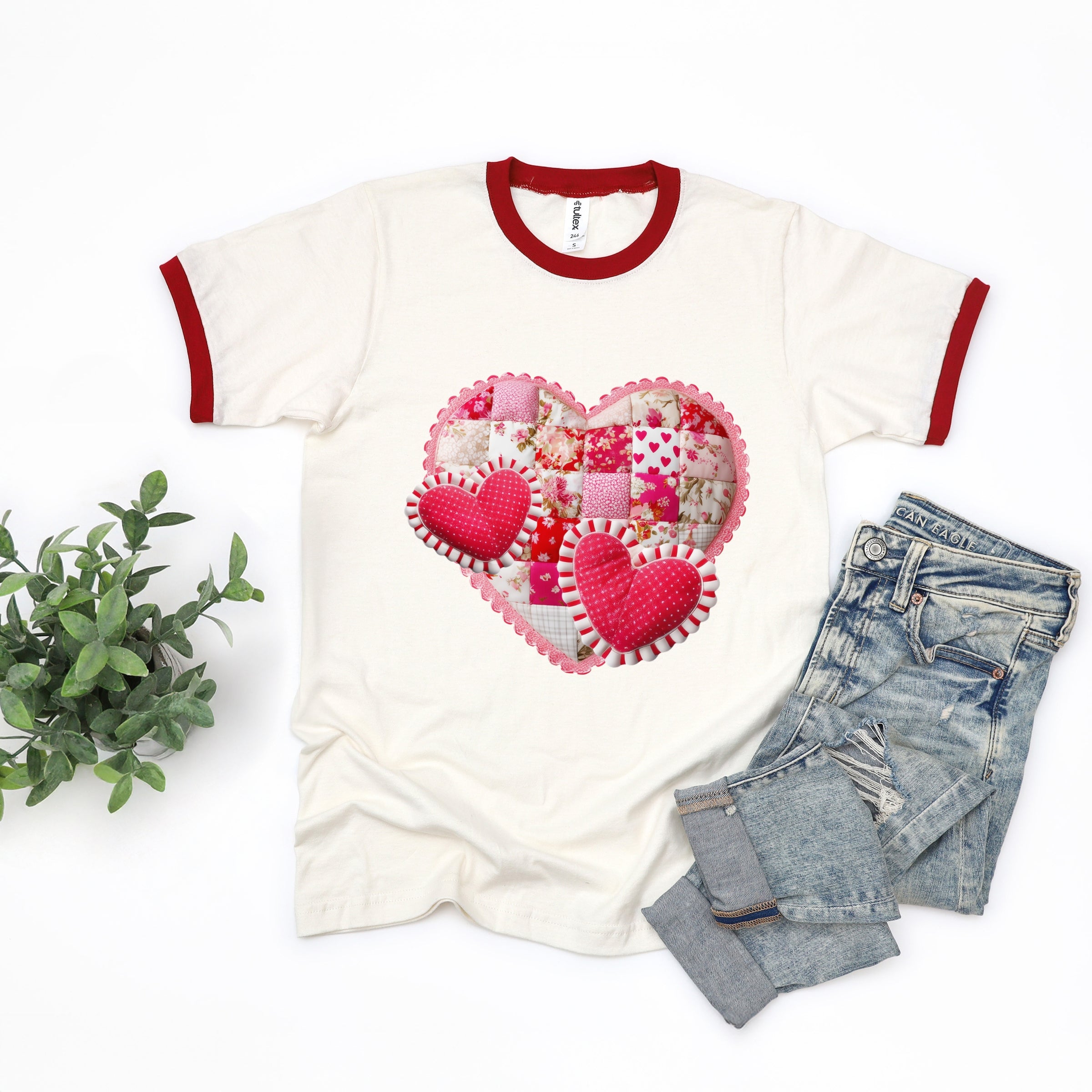 Hearts Patchwork Print - Women's Ringer Graphic T-Shirt
