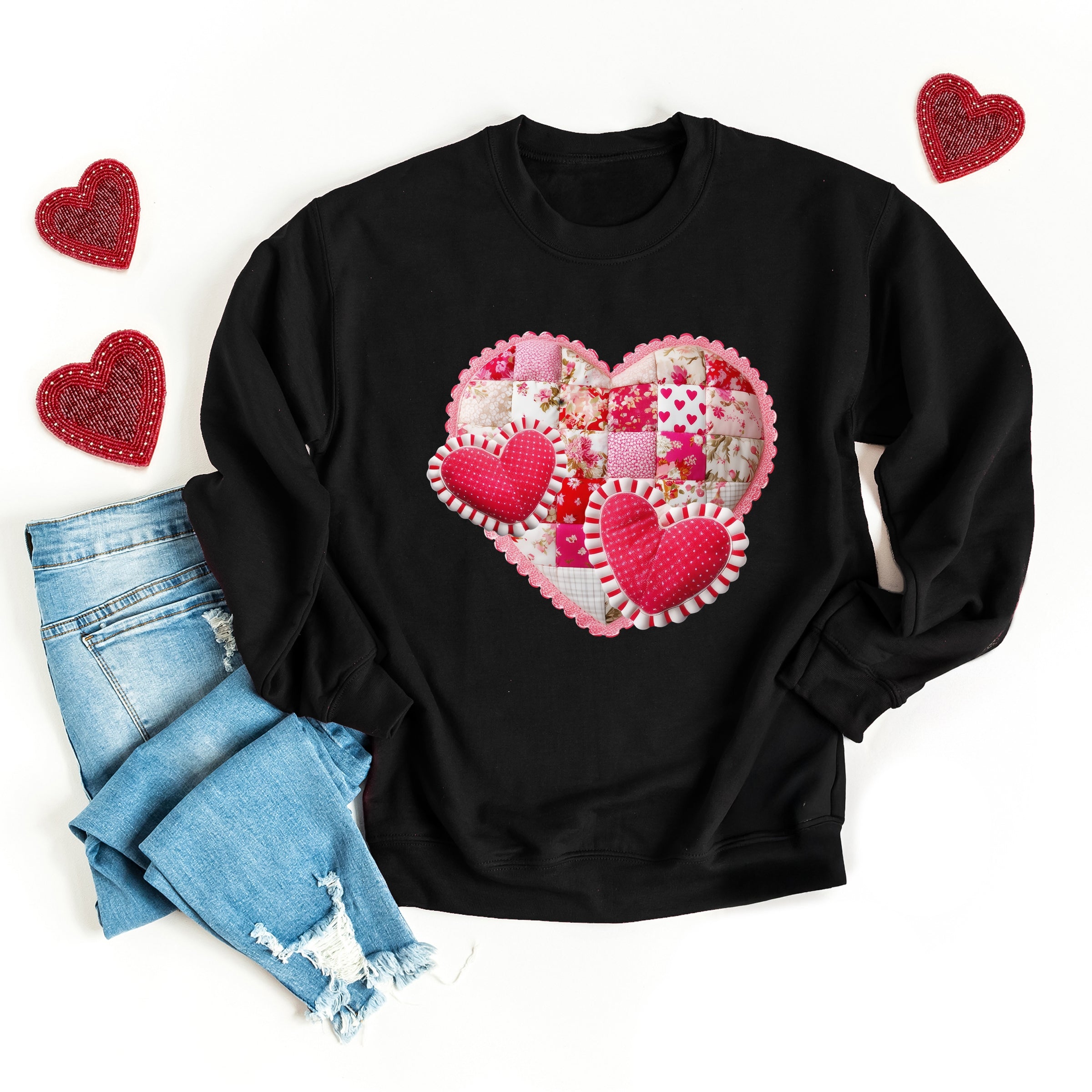 Hearts Patchwork Print - Women's Graphic Sweatshirt