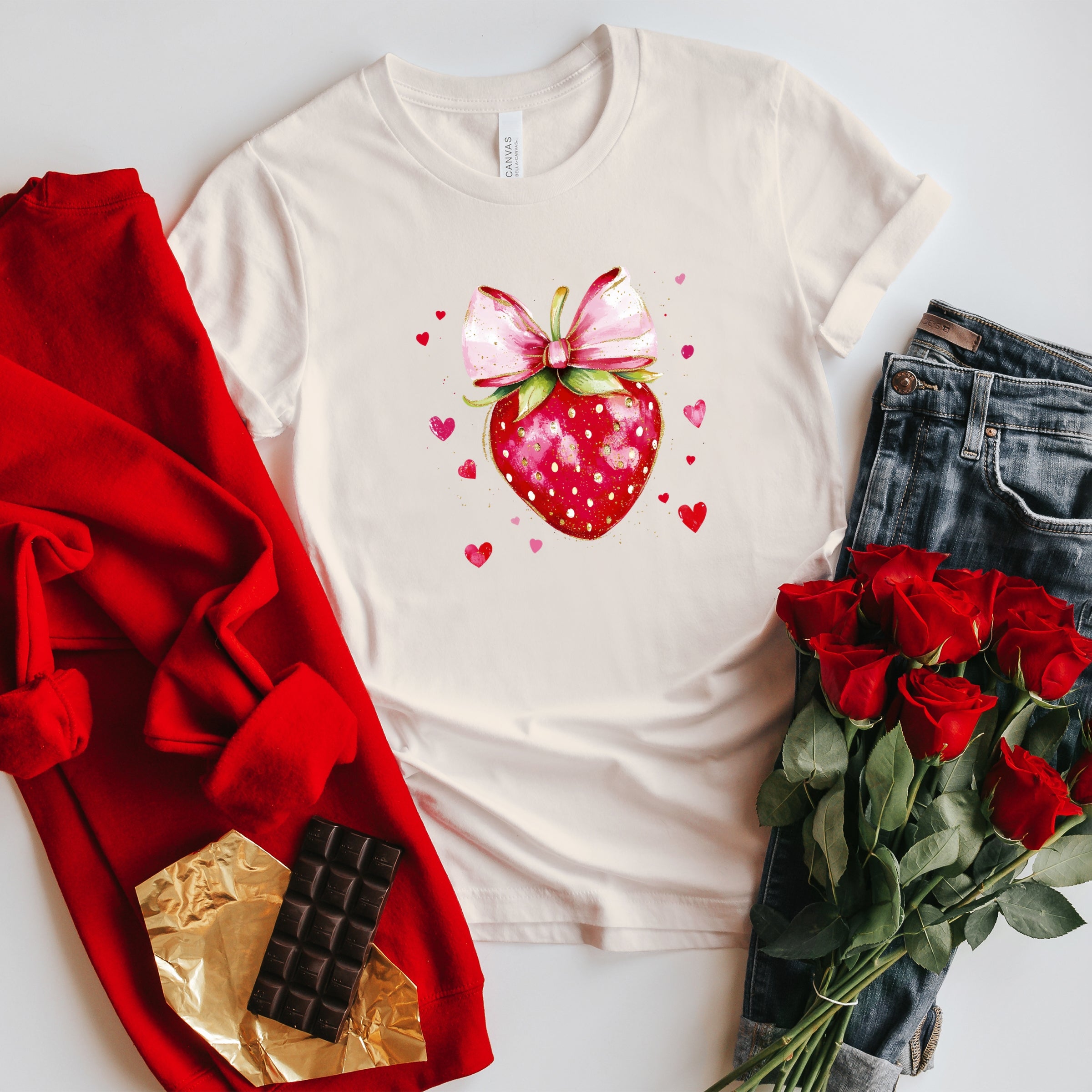 Coquette Strawberry Hearts Watercolor - Women's Short Sleeve Graphic T-Shirt