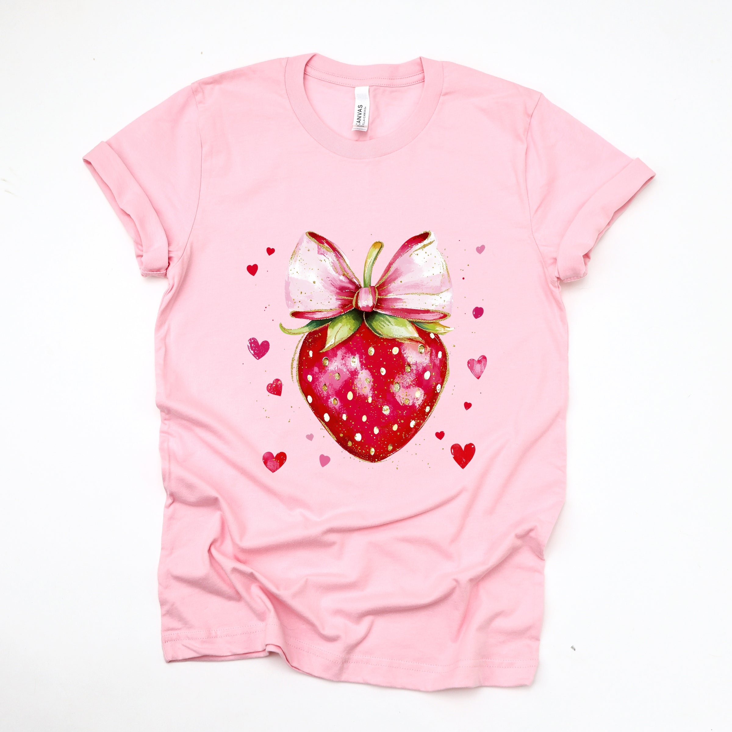Coquette Strawberry Hearts Watercolor - Women's Short Sleeve Graphic T-Shirt