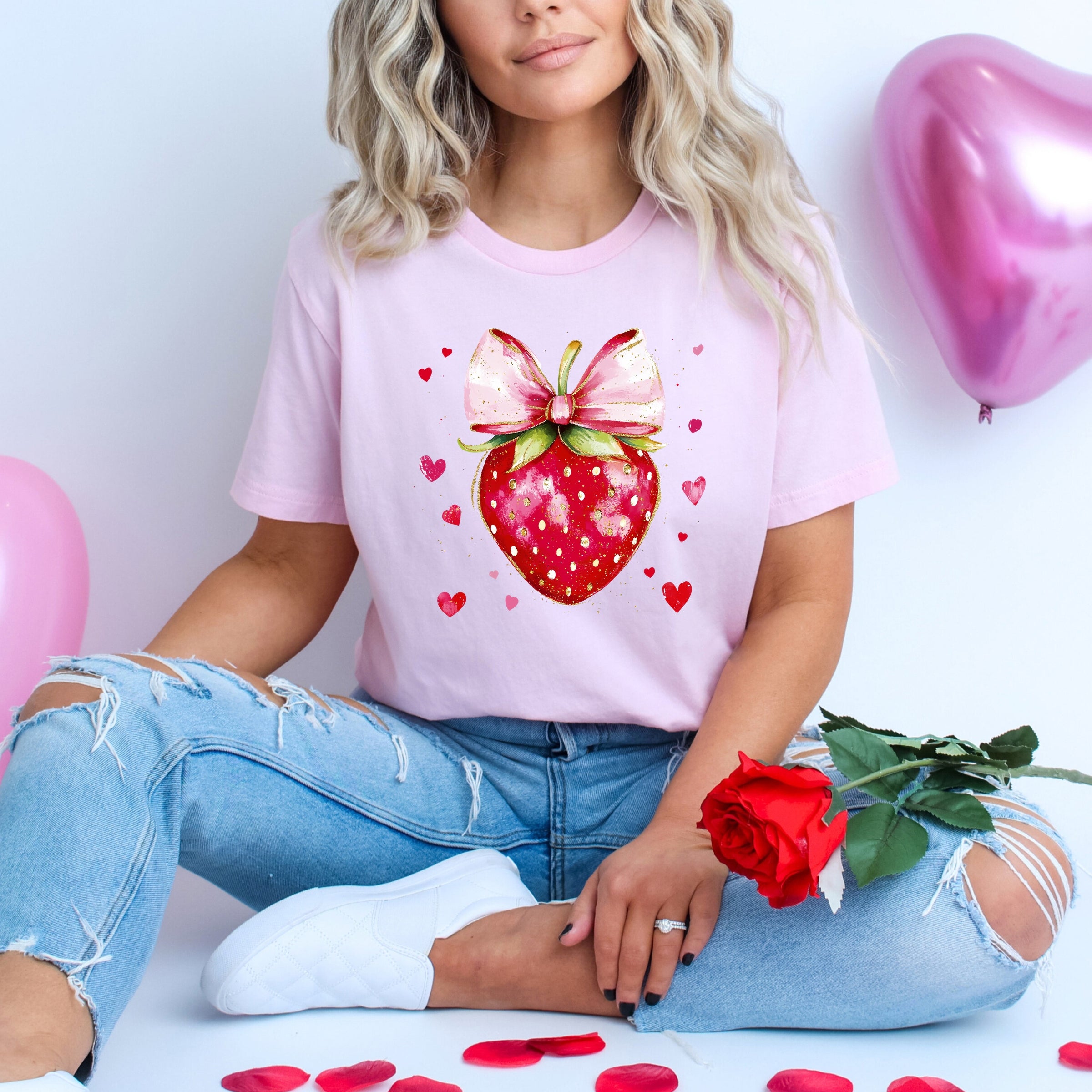 Coquette Strawberry Hearts Watercolor - Women's Short Sleeve Graphic T-Shirt