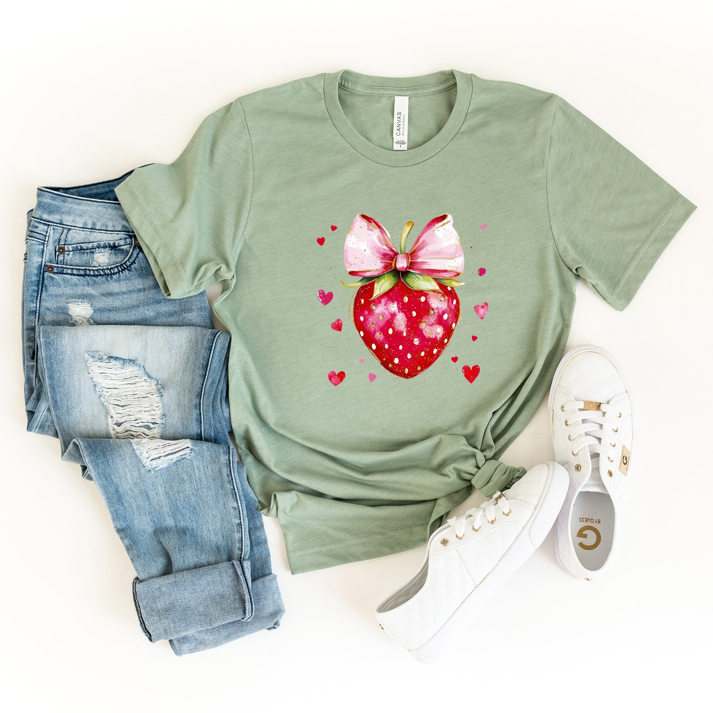Coquette Strawberry Hearts Watercolor - Women's Short Sleeve Graphic T-Shirt