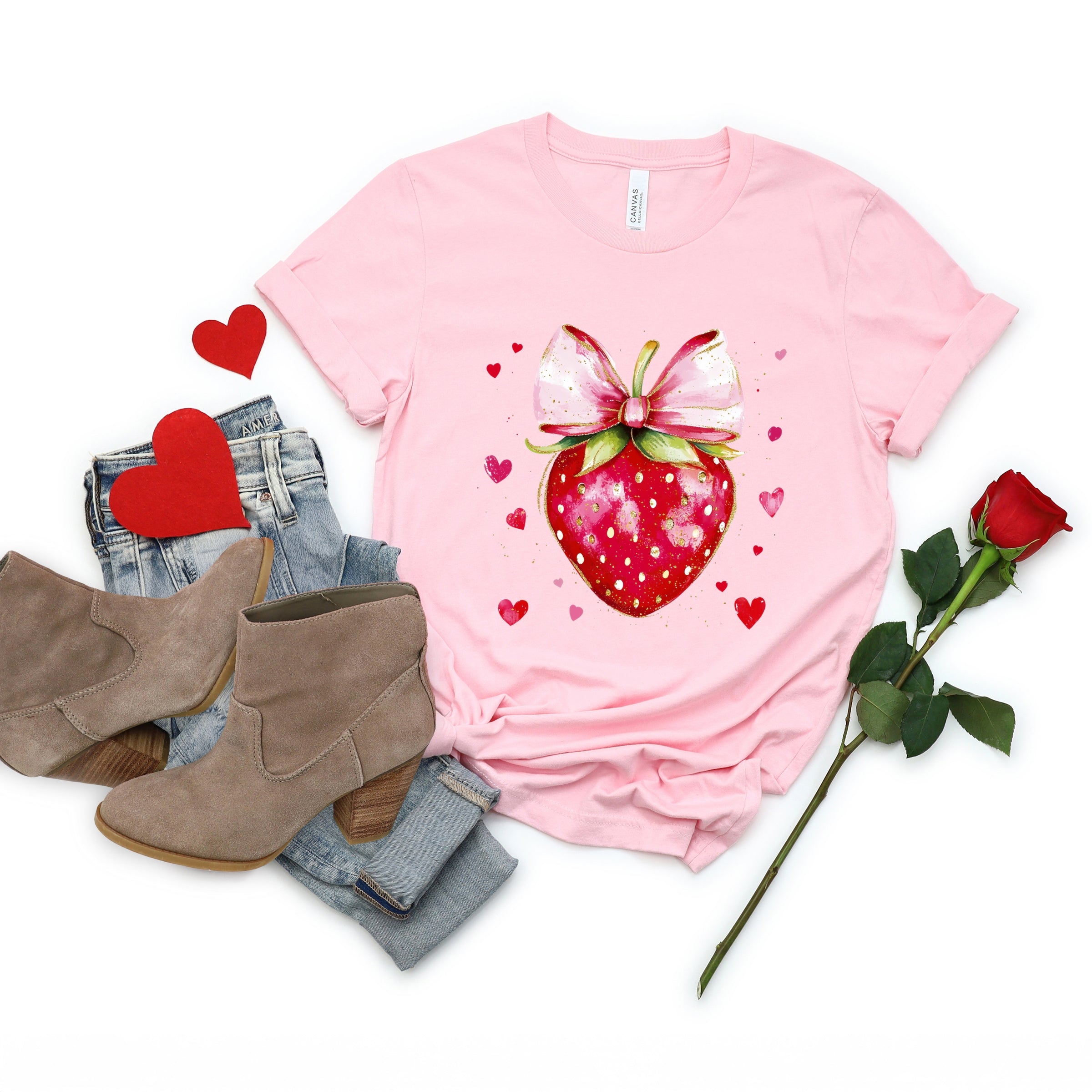 Coquette Strawberry Hearts Watercolor - Women's Short Sleeve Graphic T-Shirt