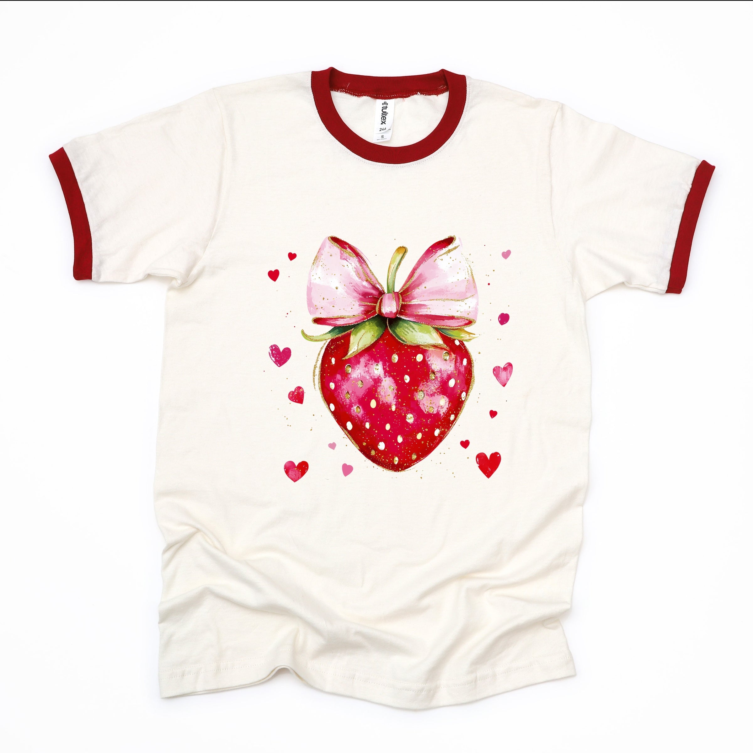Coquette Strawberry Hearts Watercolor - Women's Ringer Graphic T-Shirt