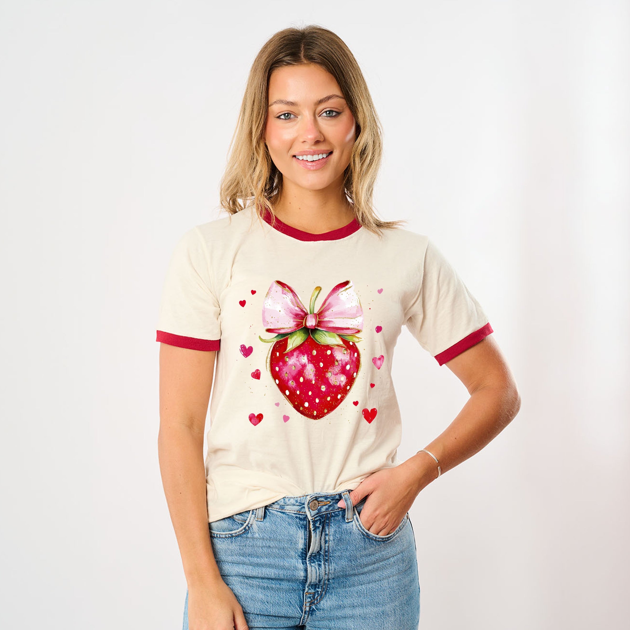 Coquette Strawberry Hearts Watercolor - Women's Ringer Graphic T-Shirt