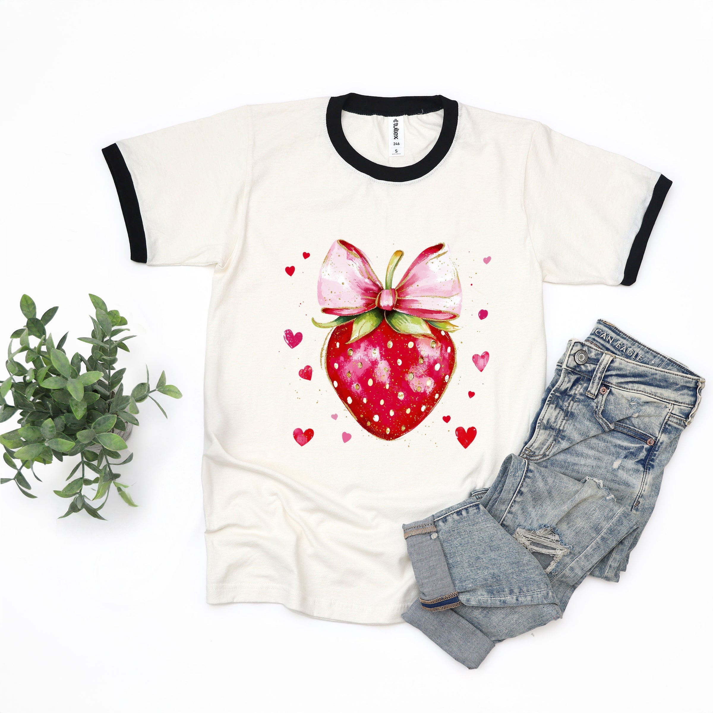 Coquette Strawberry Hearts Watercolor - Women's Ringer Graphic T-Shirt