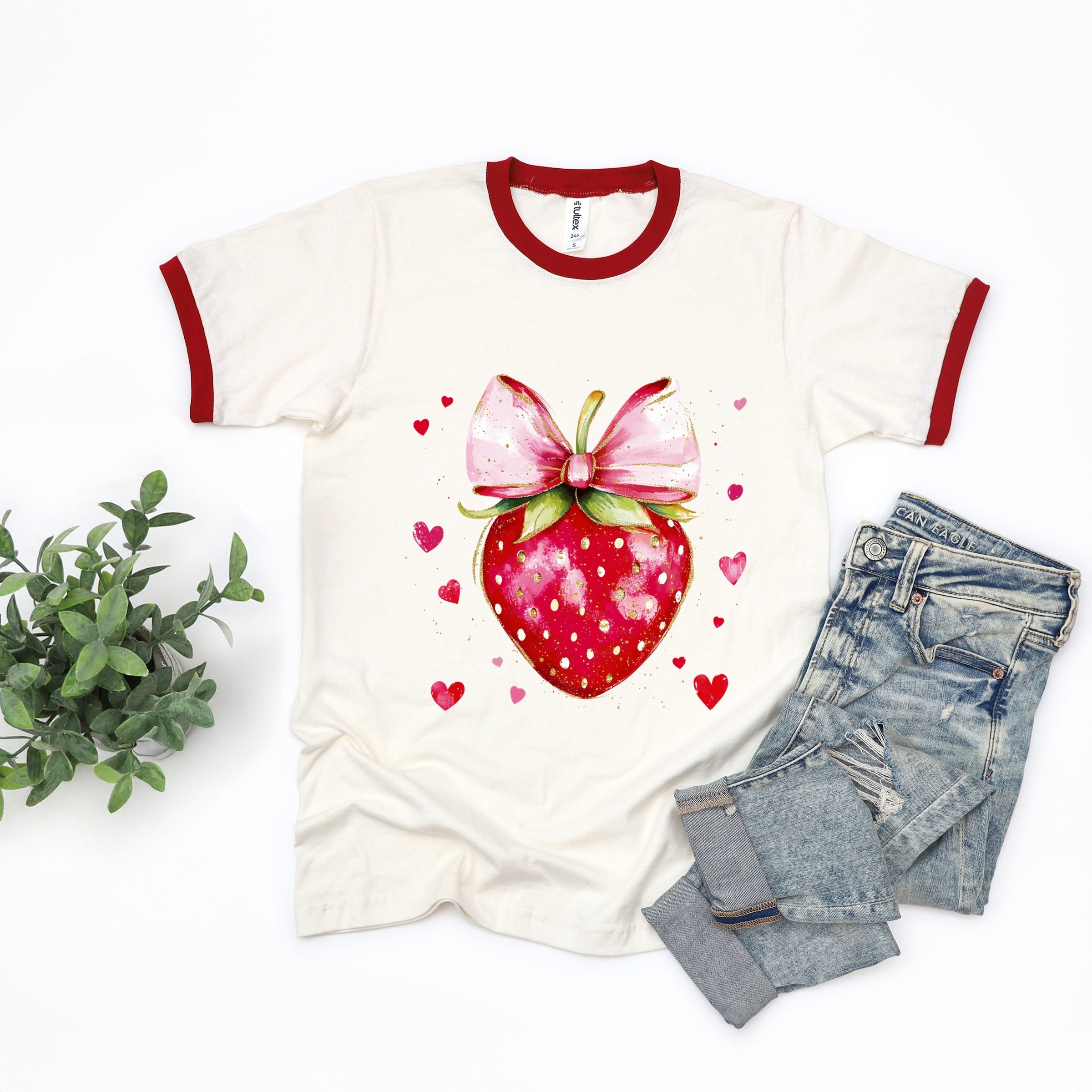 Coquette Strawberry Hearts Watercolor - Women's Ringer Graphic T-Shirt