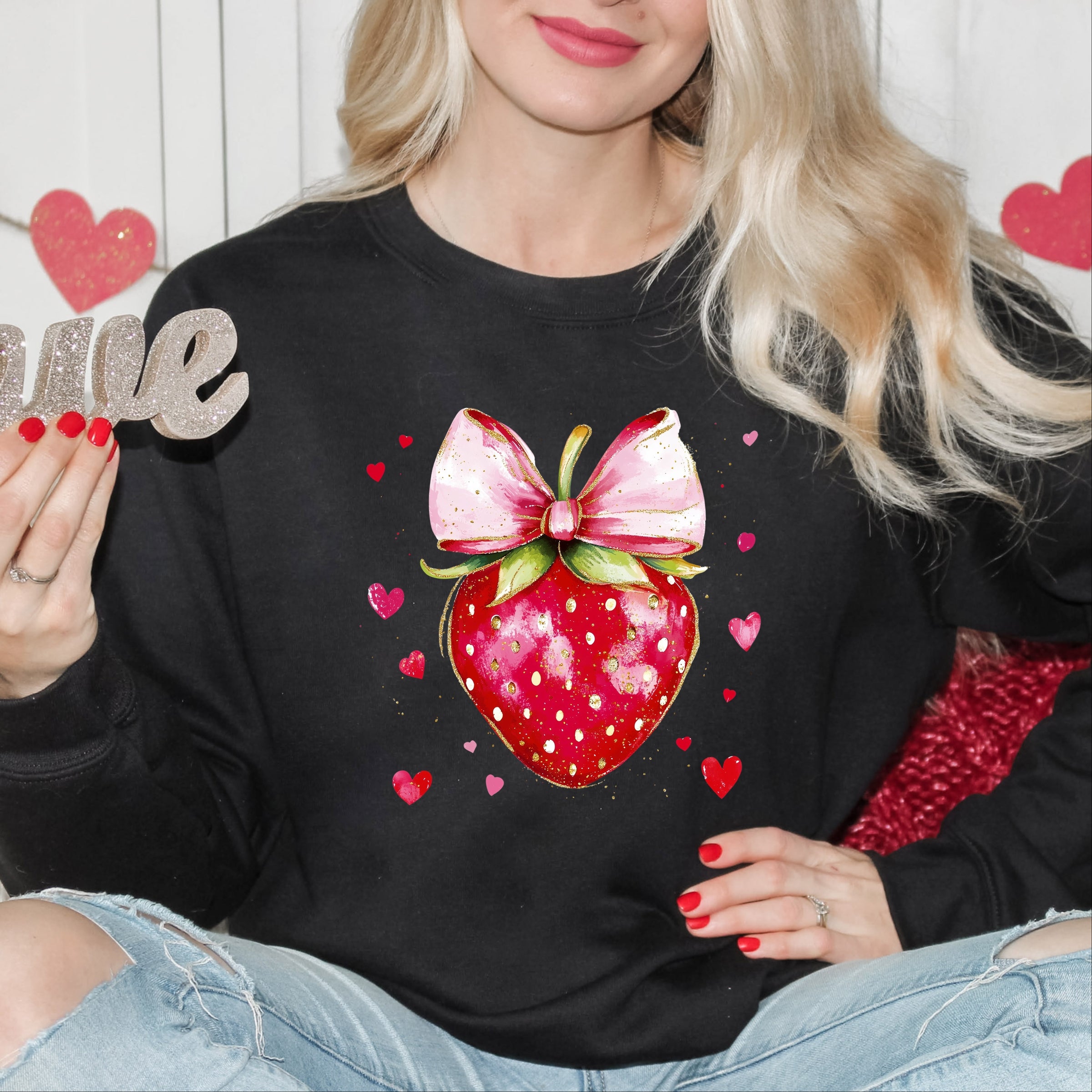Coquette Strawberry Hearts Watercolor - Women's Graphic Sweatshirt