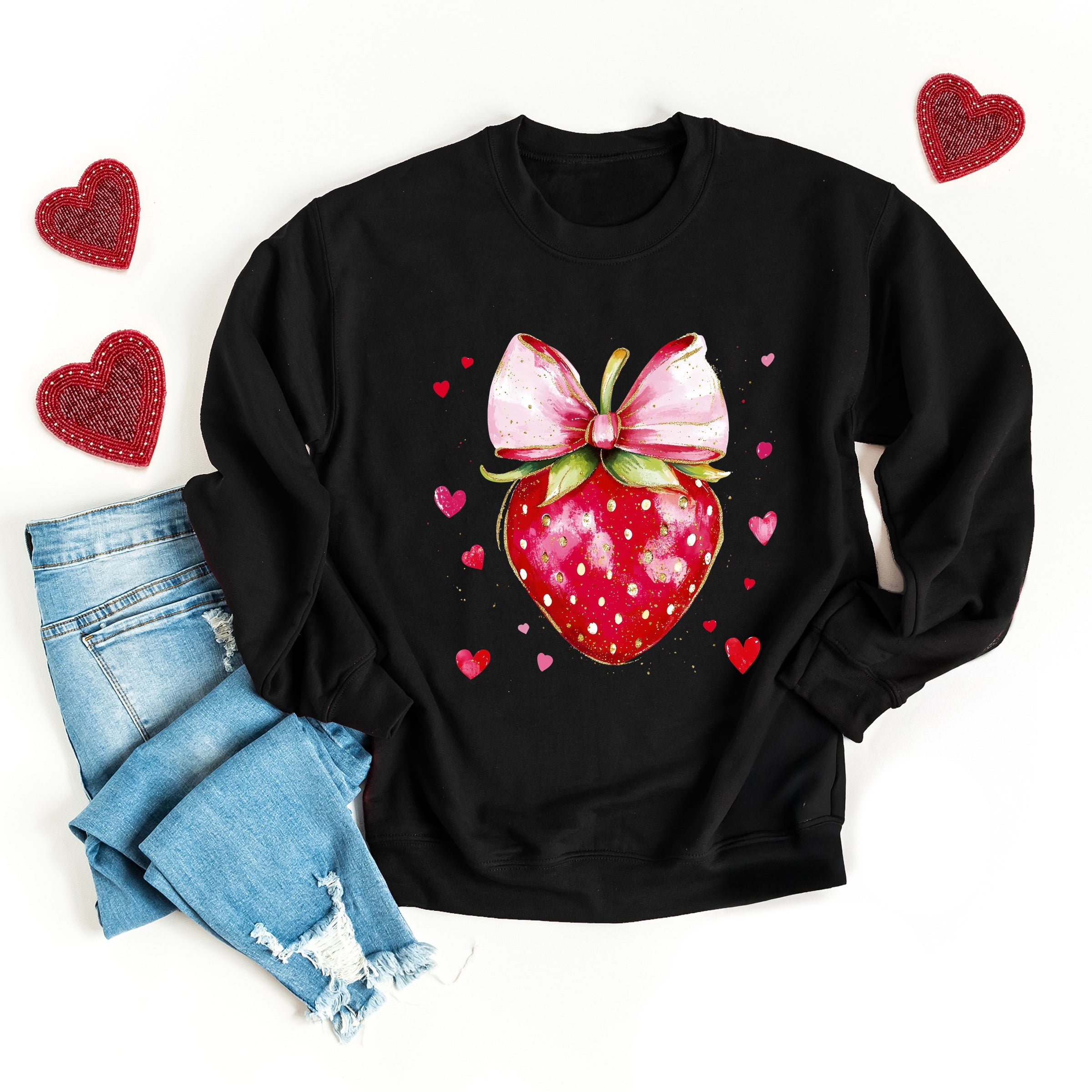 Coquette Strawberry Hearts Watercolor - Women's Graphic Sweatshirt