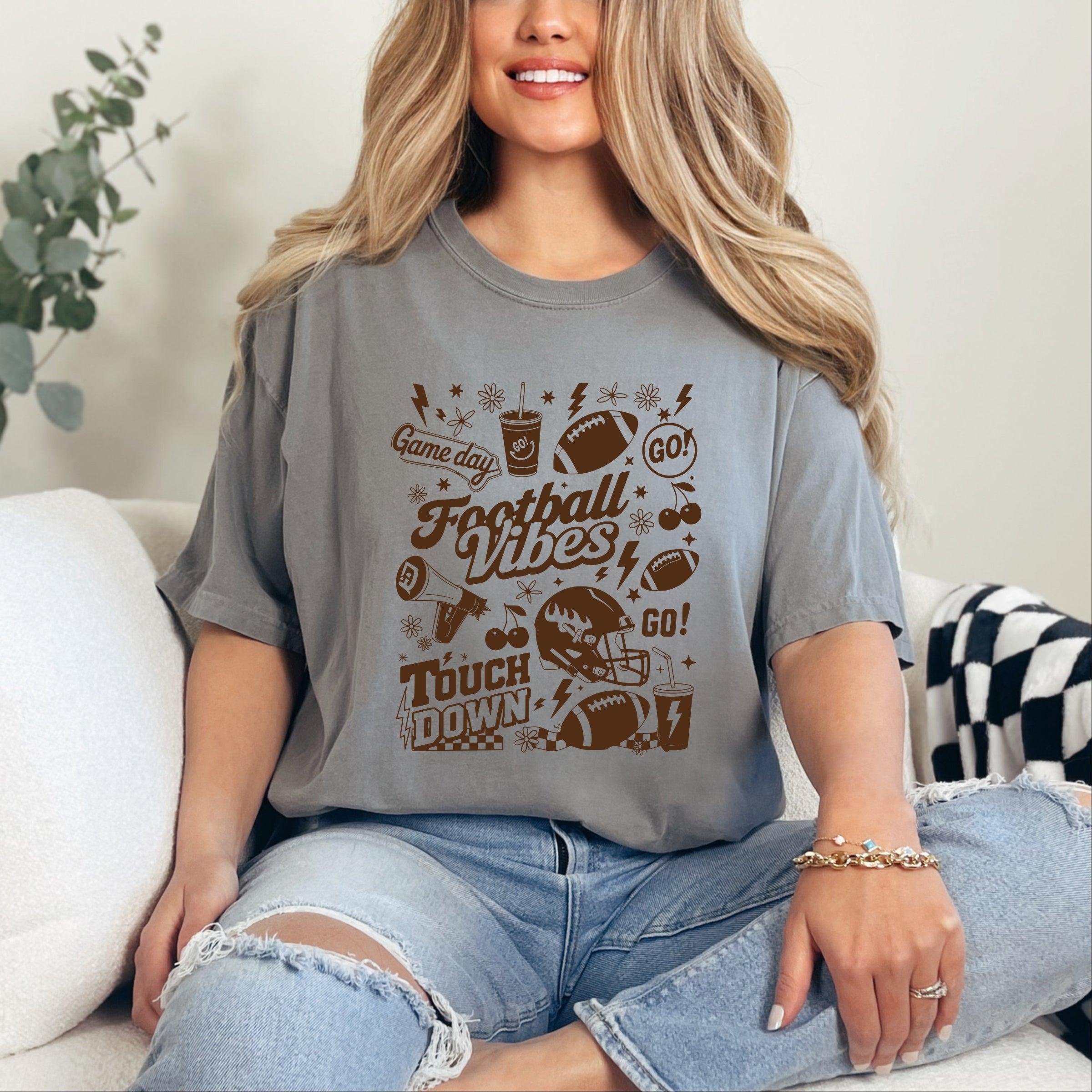 Football Vibes Touchdown Collage - Womens Garment Dyed Tee