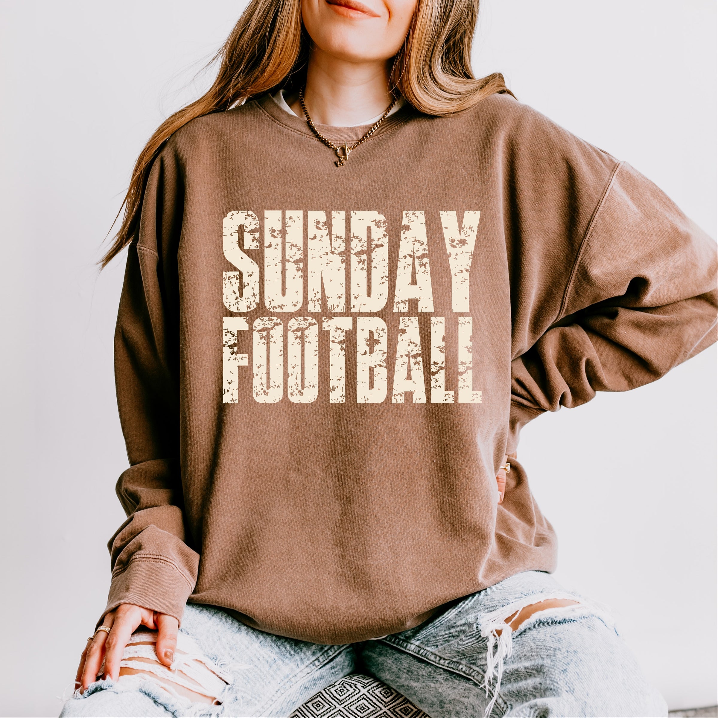 Sunday Football Block Distressed - Women's Lightweight Garment Dyed Sweatshirt