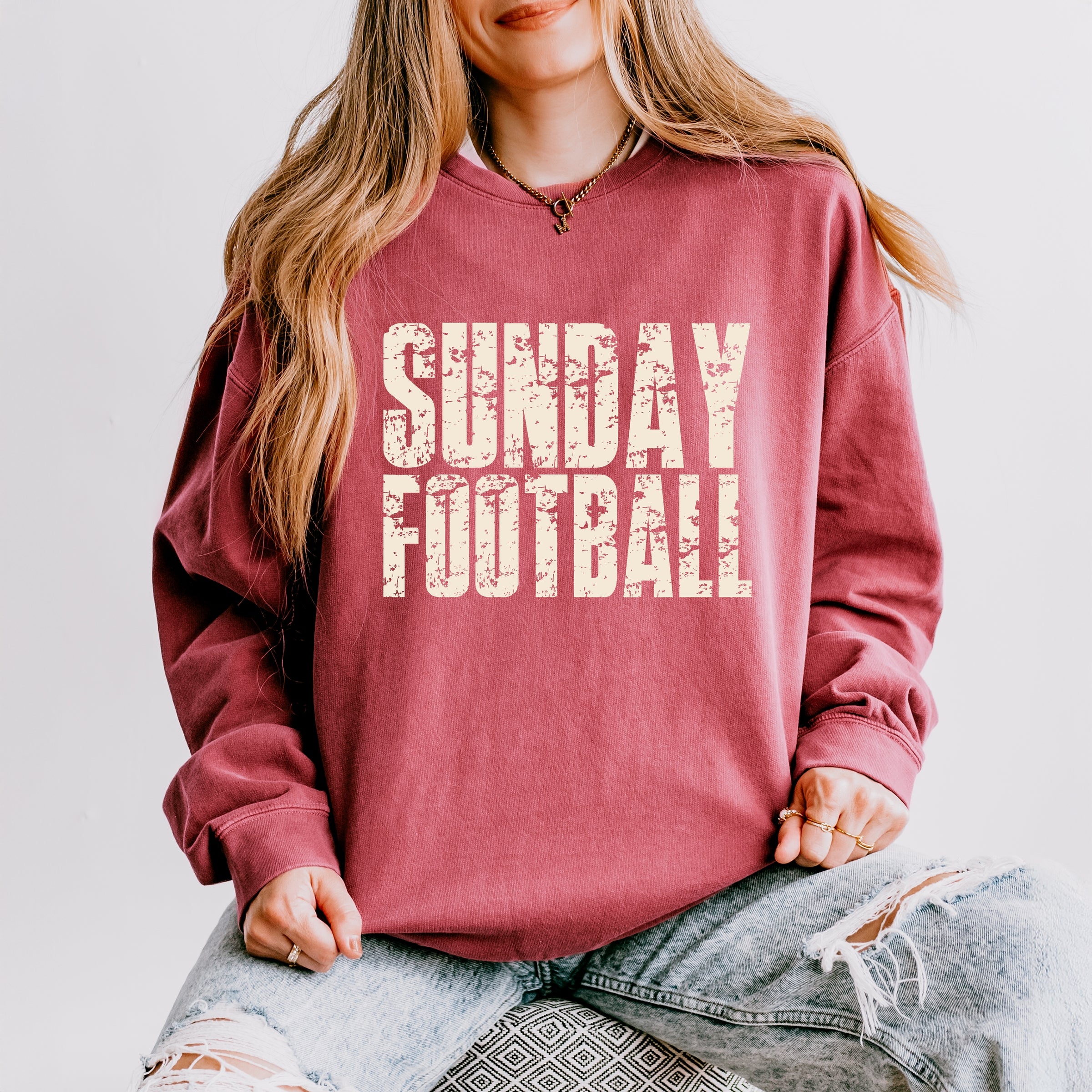 Sunday Football Block Distressed - Women's Lightweight Garment Dyed Sweatshirt
