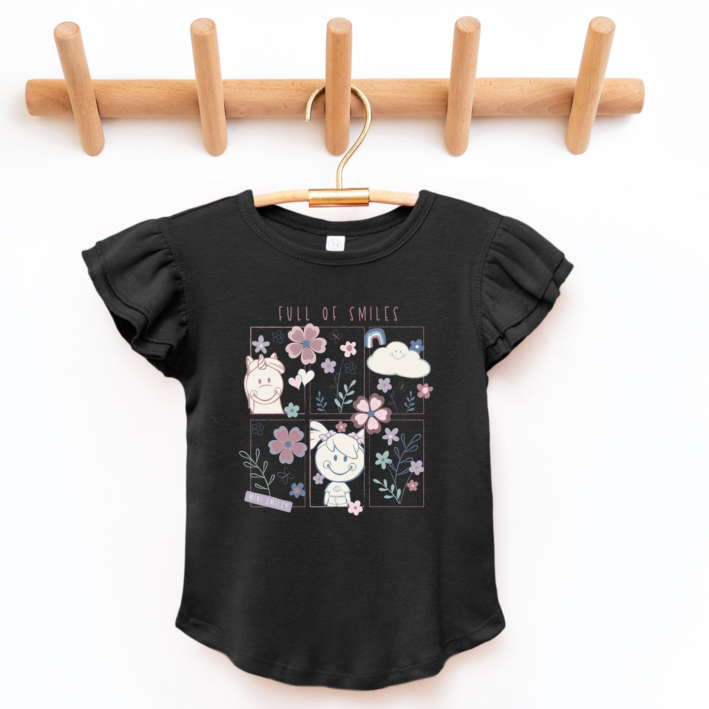 Mini Smiley Full of Smiles Outline - Flutter Sleeve Graphic T-Shirt