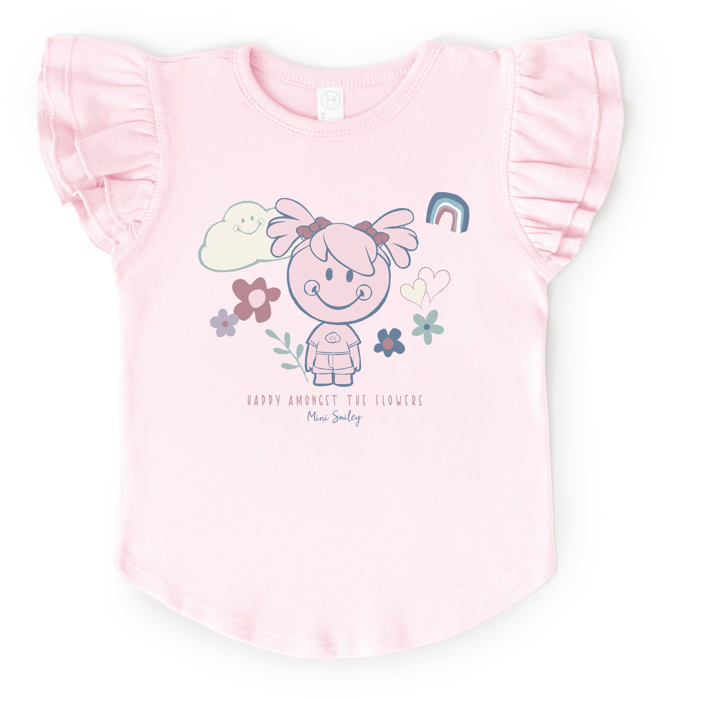 Mini Smiley Happy Amongst The Flowers - Flutter Sleeve Graphic T-Shirt