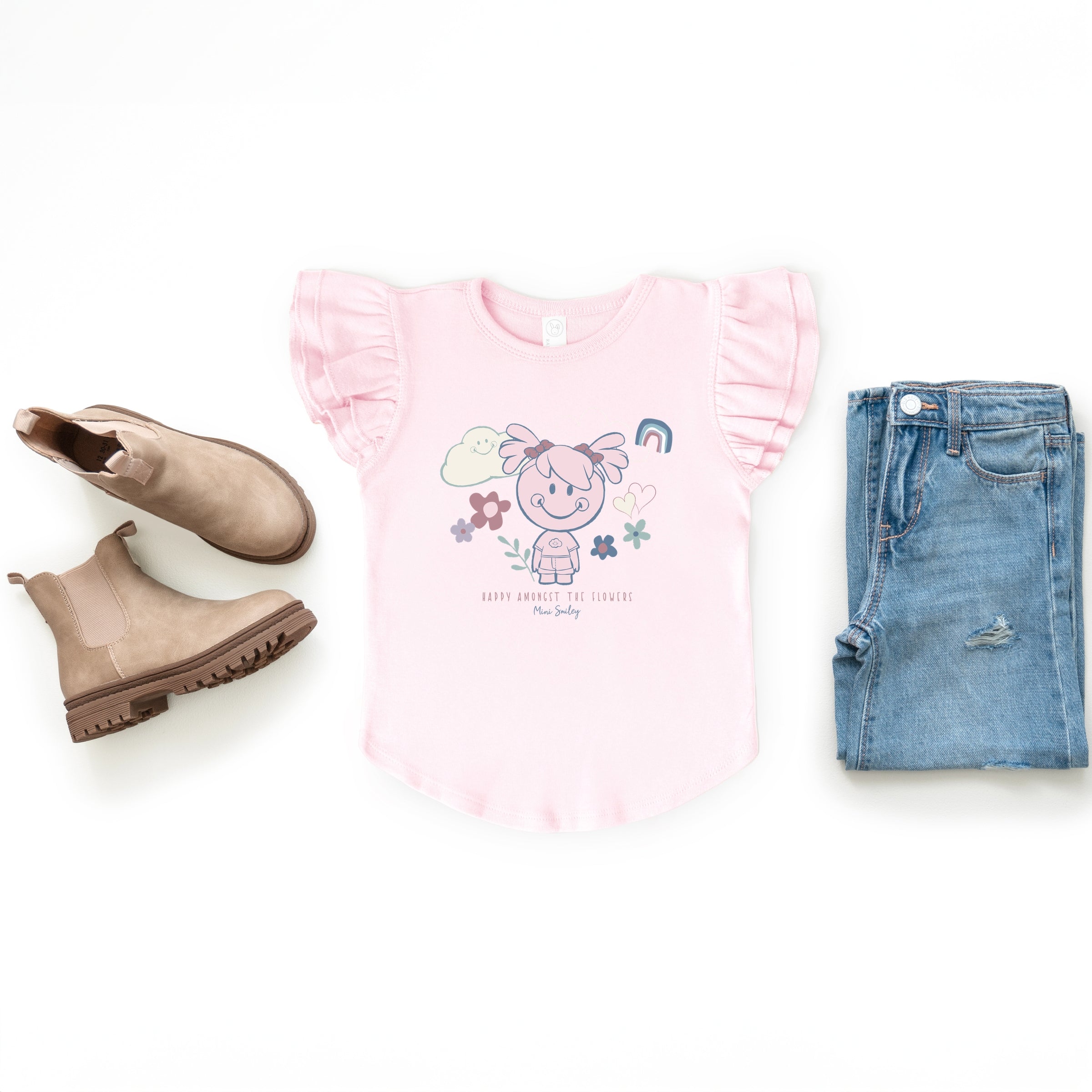 Mini Smiley Happy Amongst The Flowers - Flutter Sleeve Graphic T-Shirt