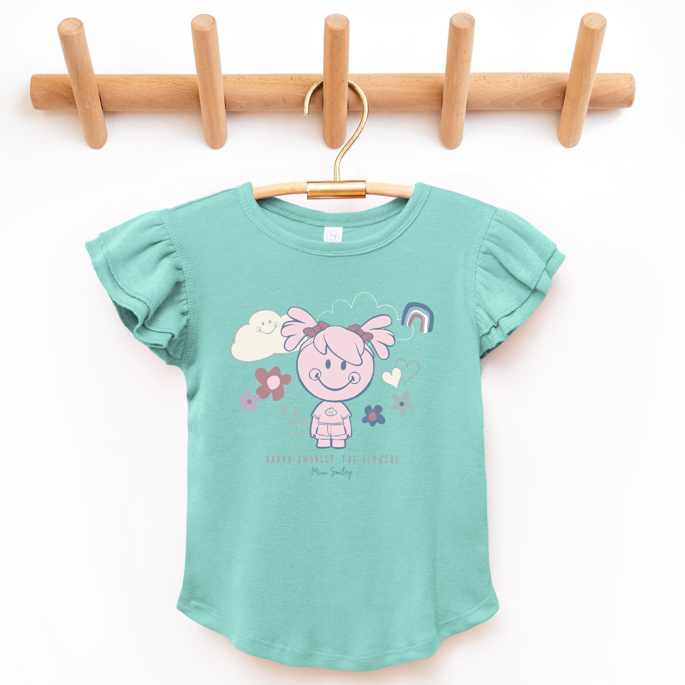 Mini Smiley Happy Amongst The Flowers - Flutter Sleeve Graphic T-Shirt