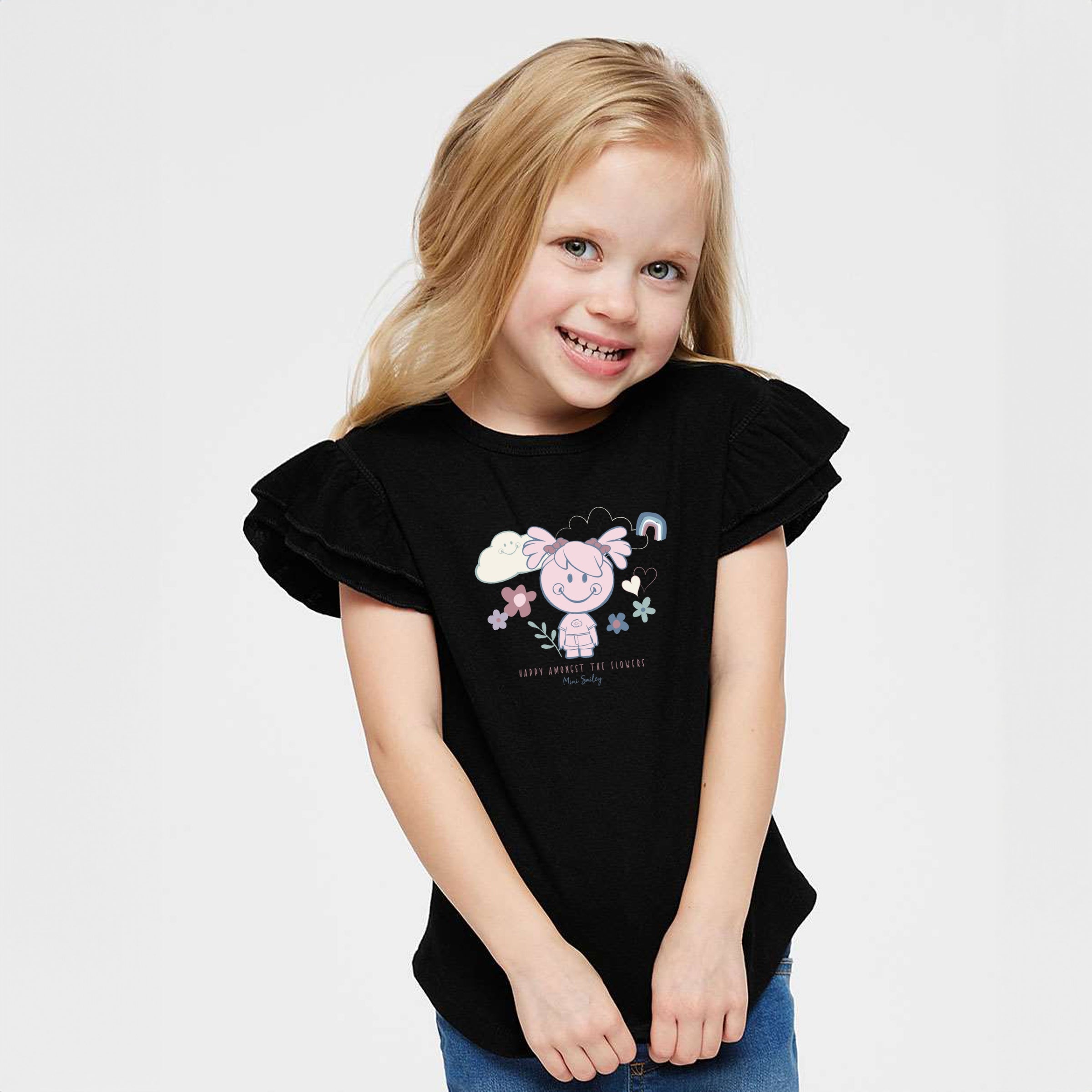 Mini Smiley Happy Amongst The Flowers - Flutter Sleeve Graphic T-Shirt
