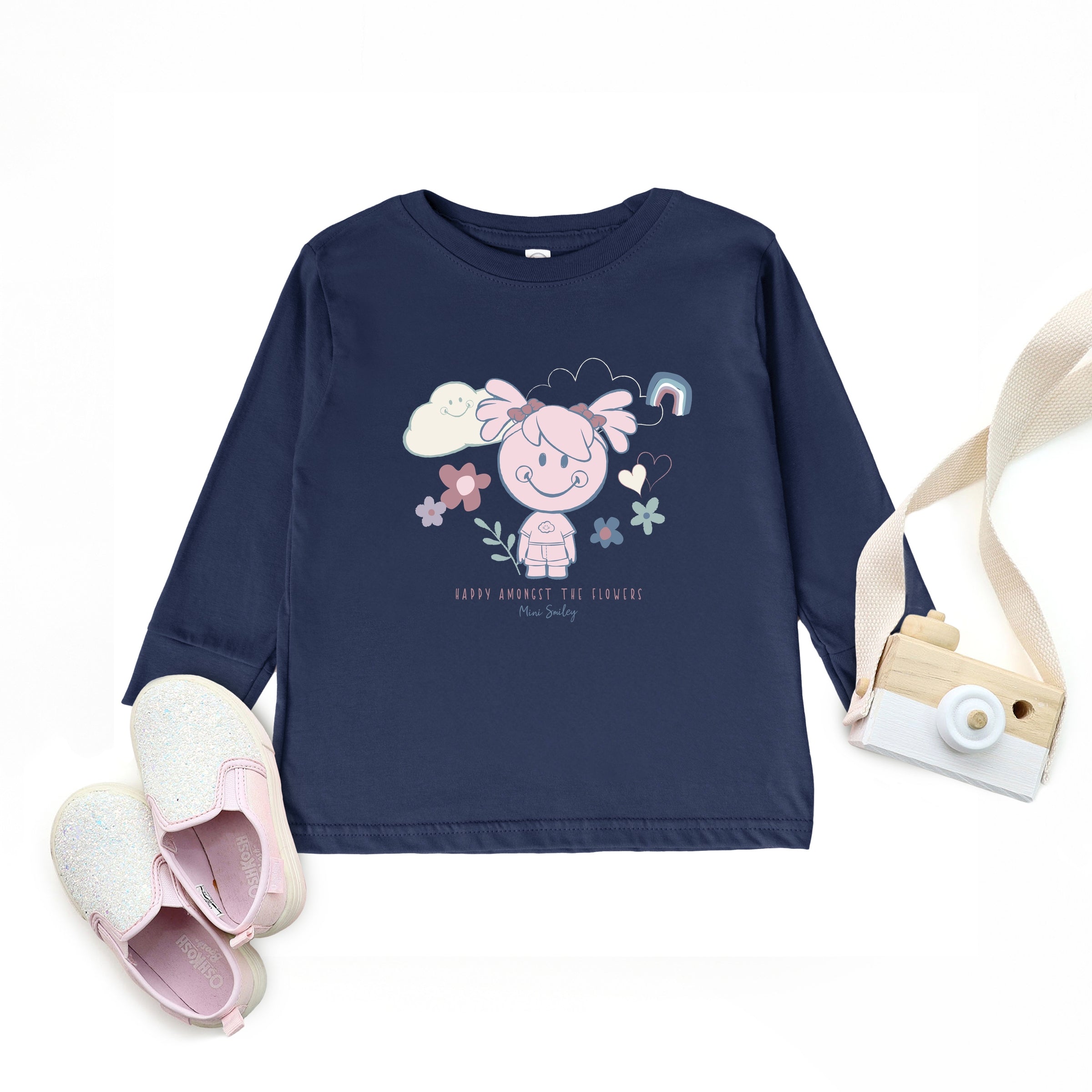 Mini Smiley Happy Amongst The Flowers - Toddler Long Sleeve Graphic Tee