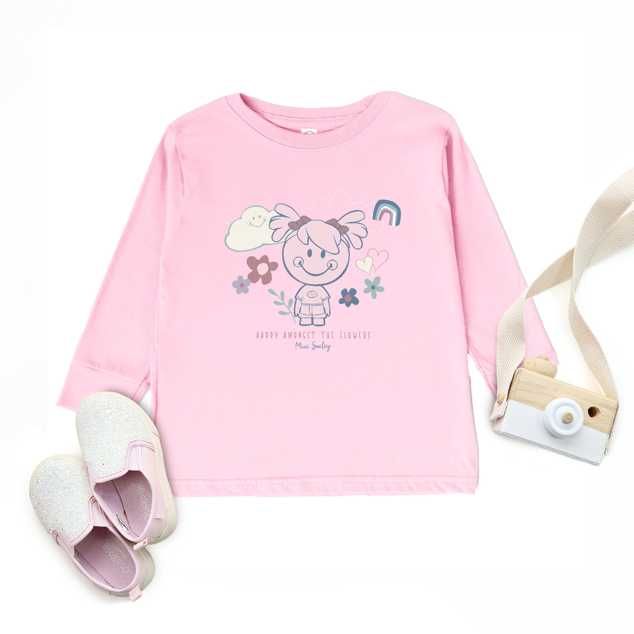 Mini Smiley Happy Amongst The Flowers - Toddler Long Sleeve Graphic Tee