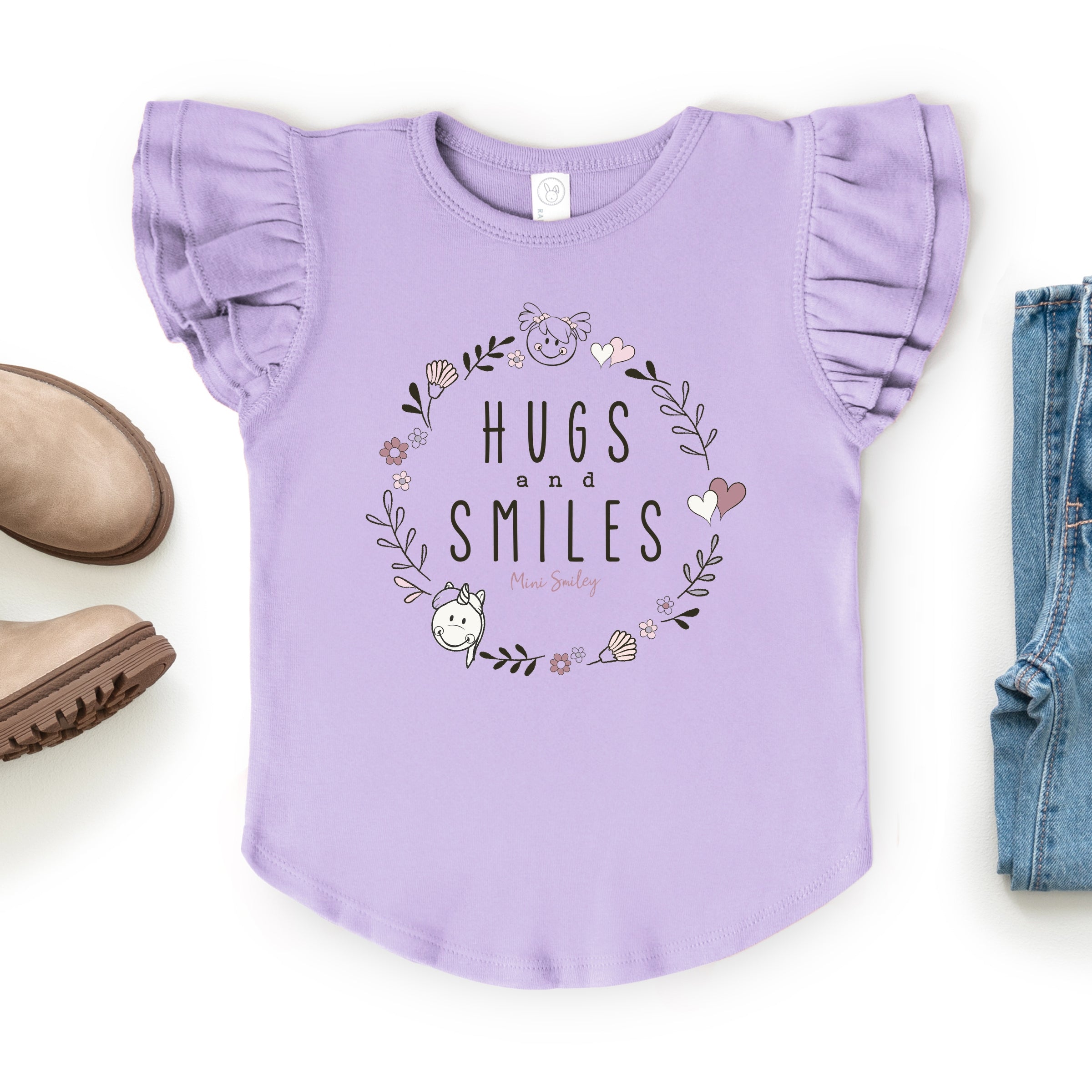 Mini Smiley Hugs and Smiles - Flutter Sleeve Graphic T-Shirt