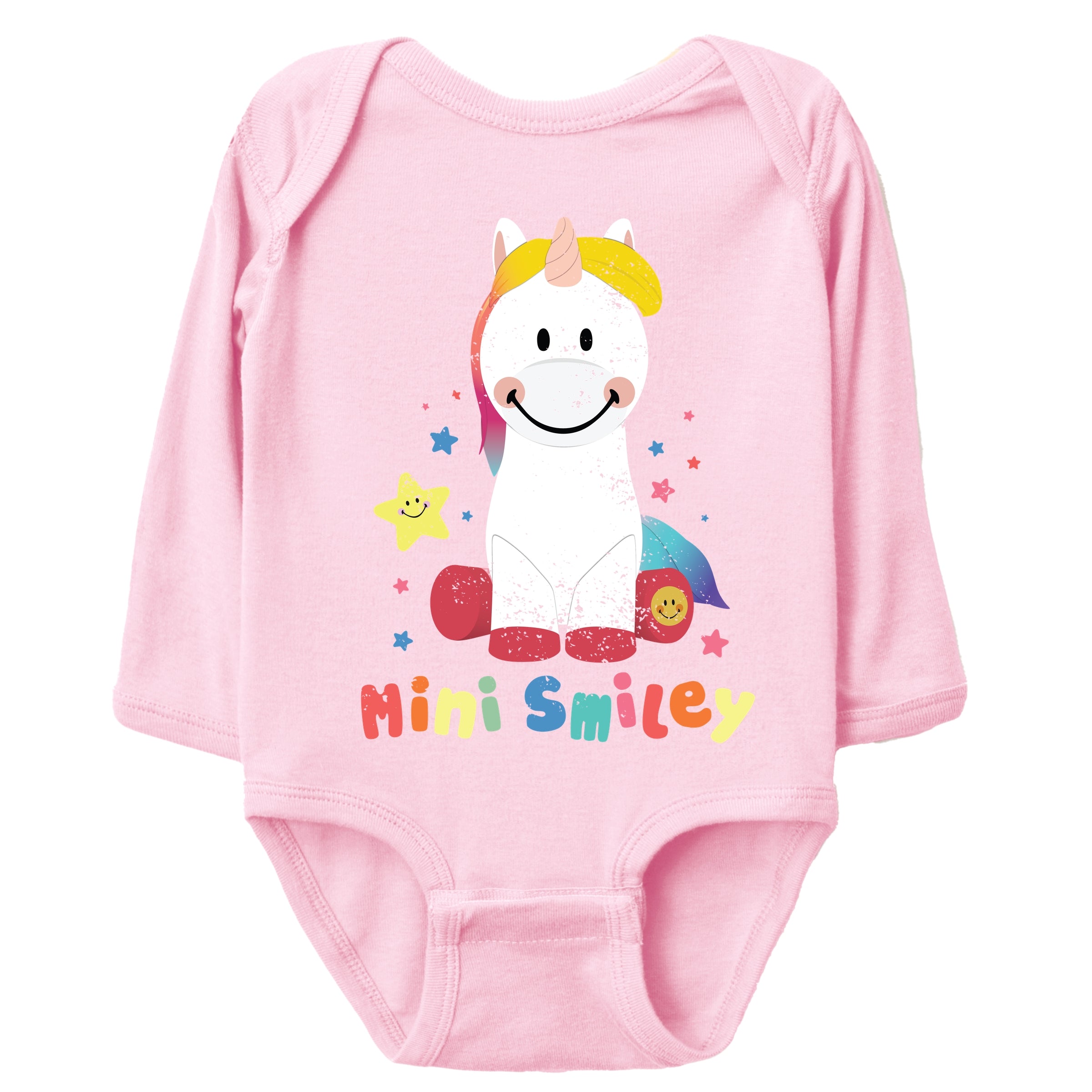 Mini Smiley Unicorn Distressed - Baby Long Sleeve Bodysuit