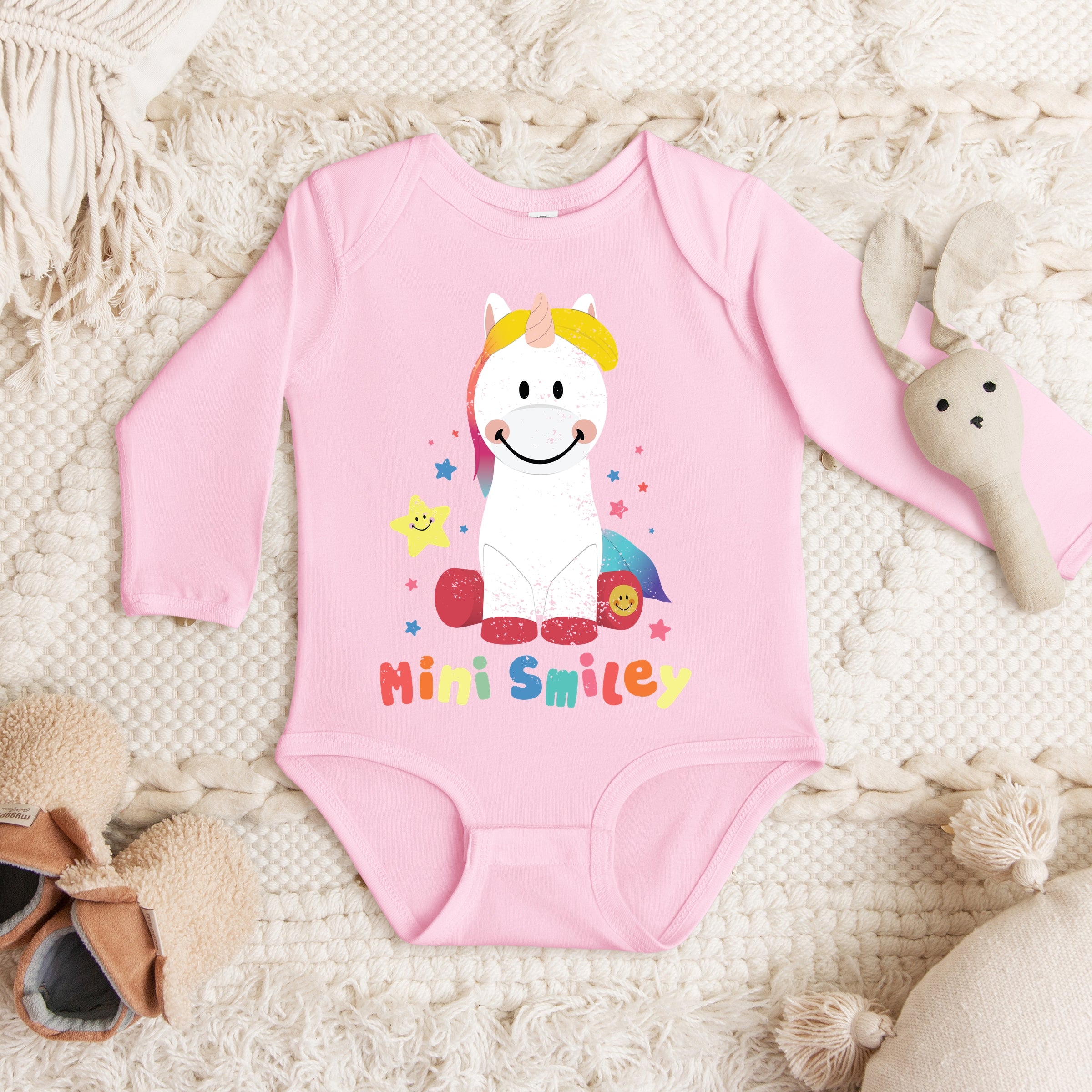 Mini Smiley Unicorn Distressed - Baby Long Sleeve Bodysuit