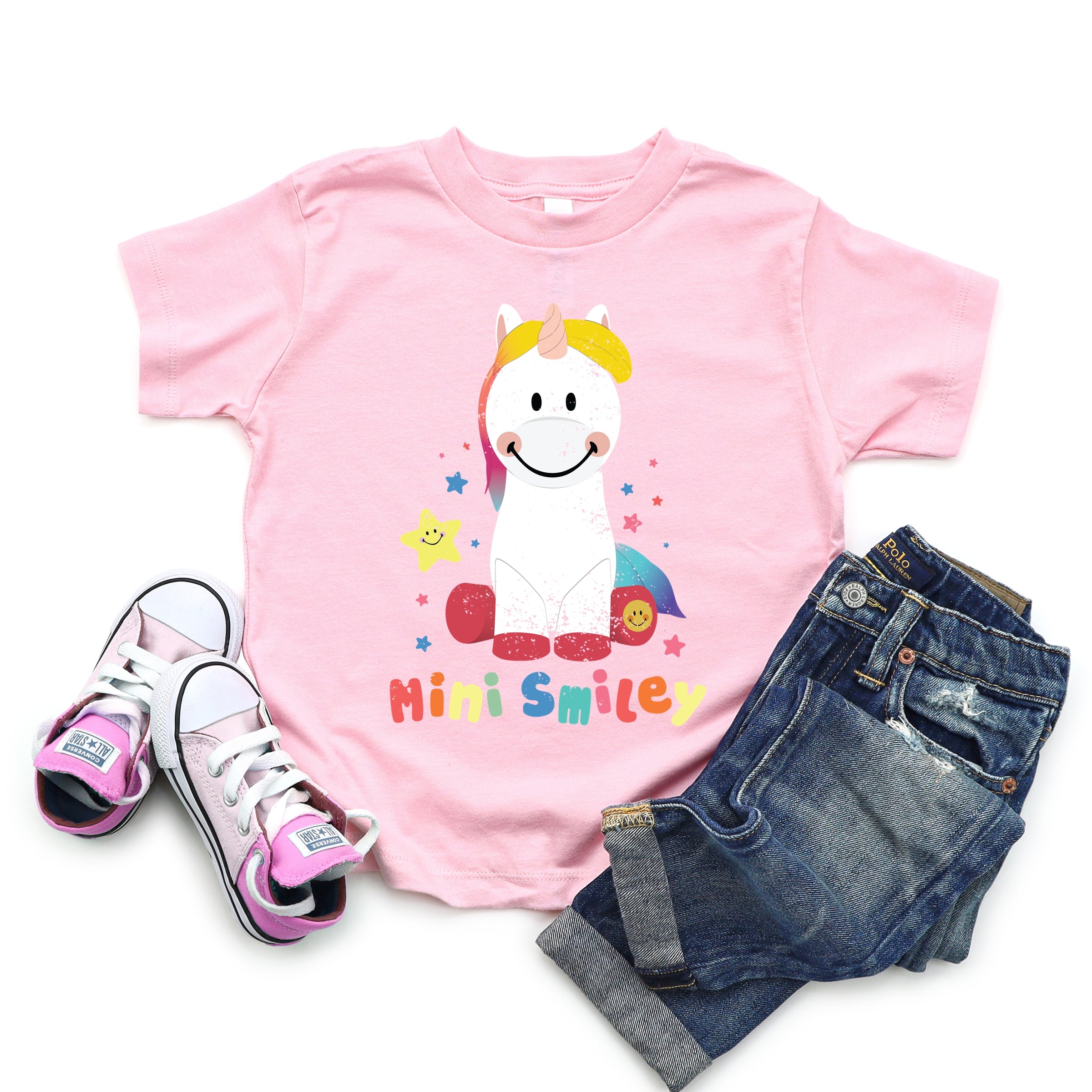 Mini Smiley Unicorn Distressed - Toddler Short Sleeve Graphic T-Shirt