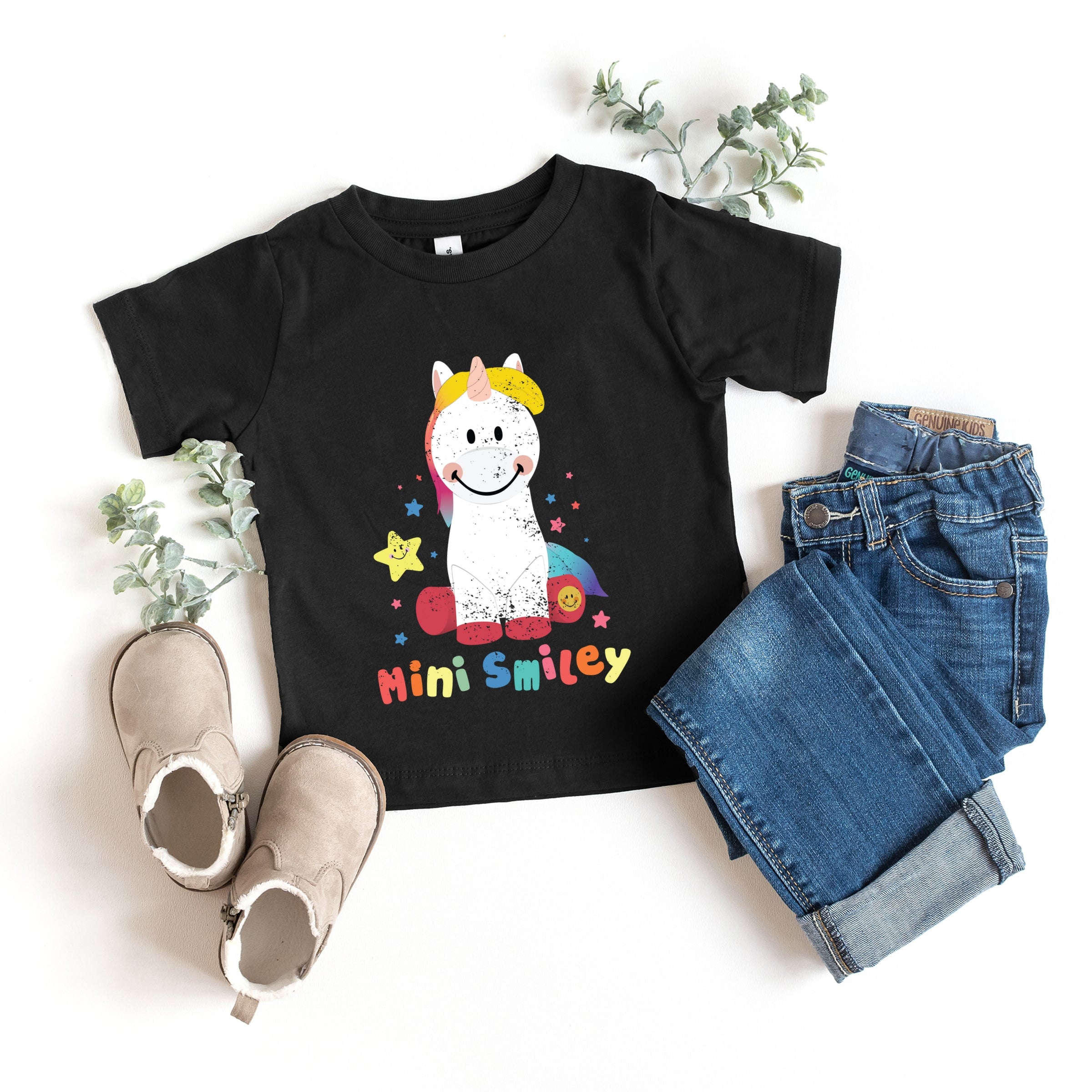 Mini Smiley Unicorn Distressed - Toddler Short Sleeve Graphic T-Shirt