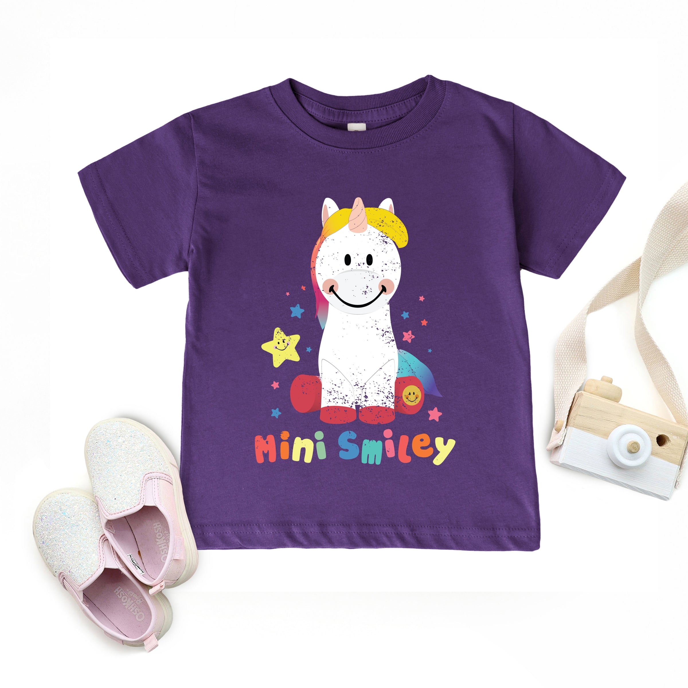 Mini Smiley Unicorn Distressed - Toddler Short Sleeve Graphic T-Shirt