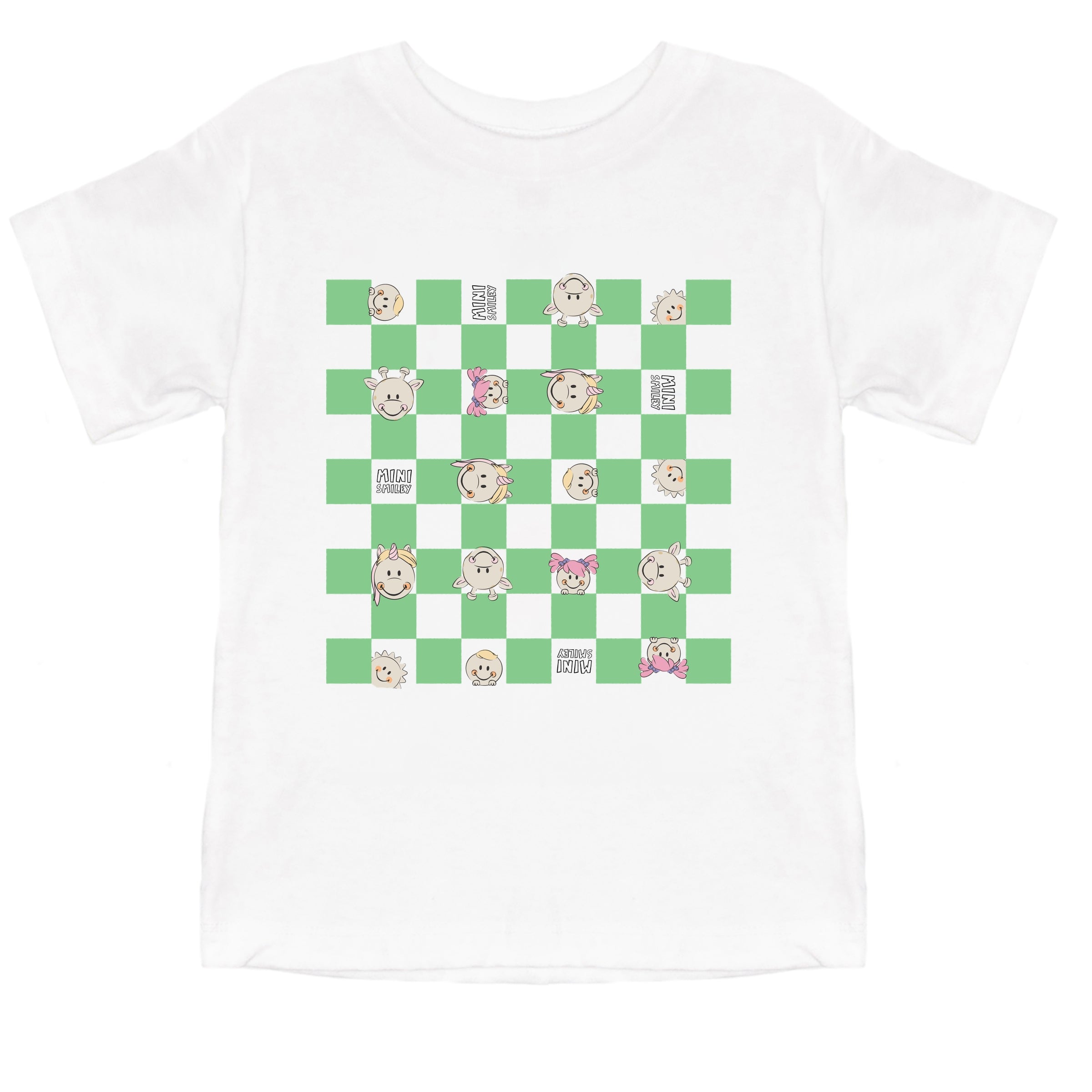 Mini Smiley Checkered Characters Green - Toddler Short Sleeve Graphic T-Shirt