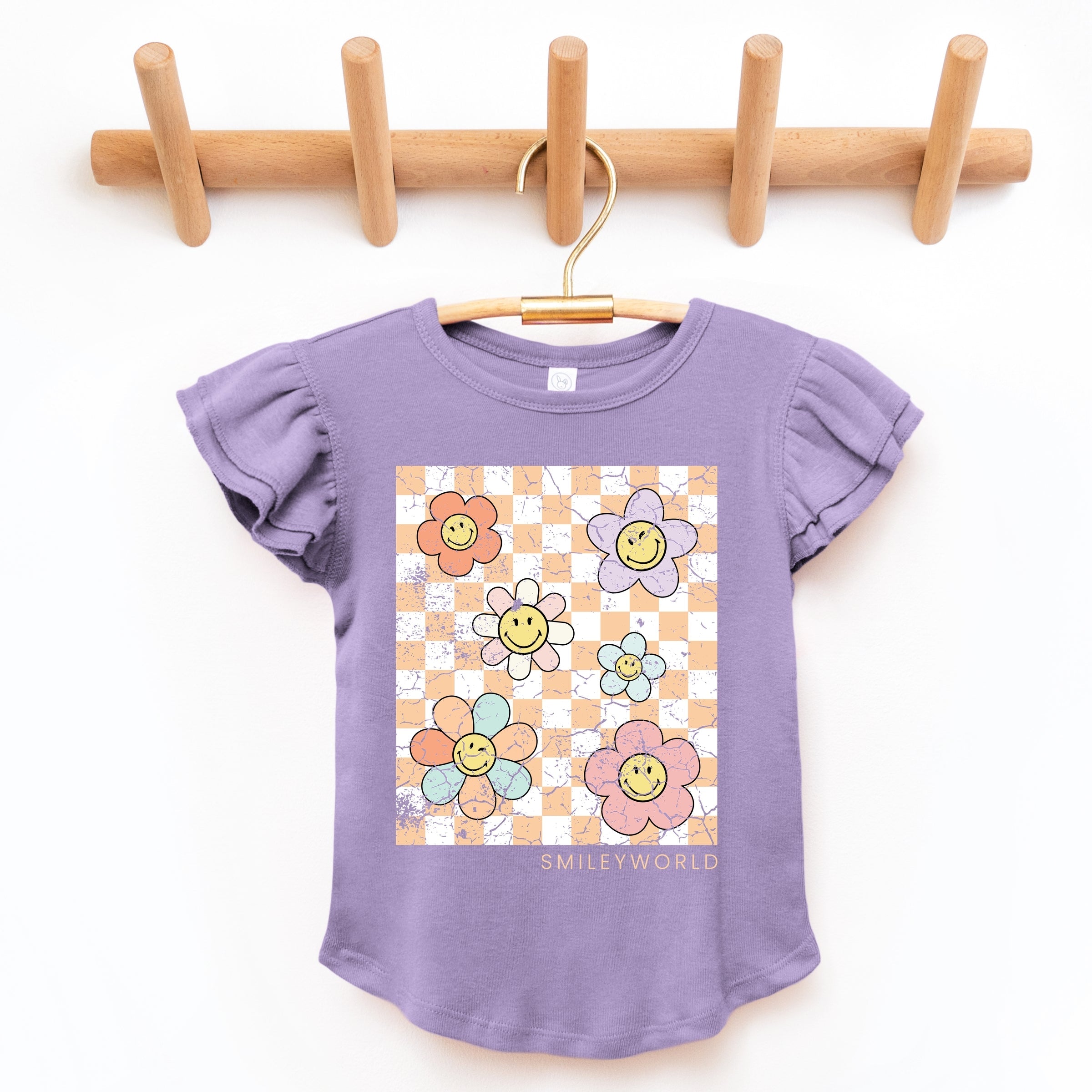SmileyWorld Checkered Floral Distressed - Flutter Sleeve Graphic T-Shirt
