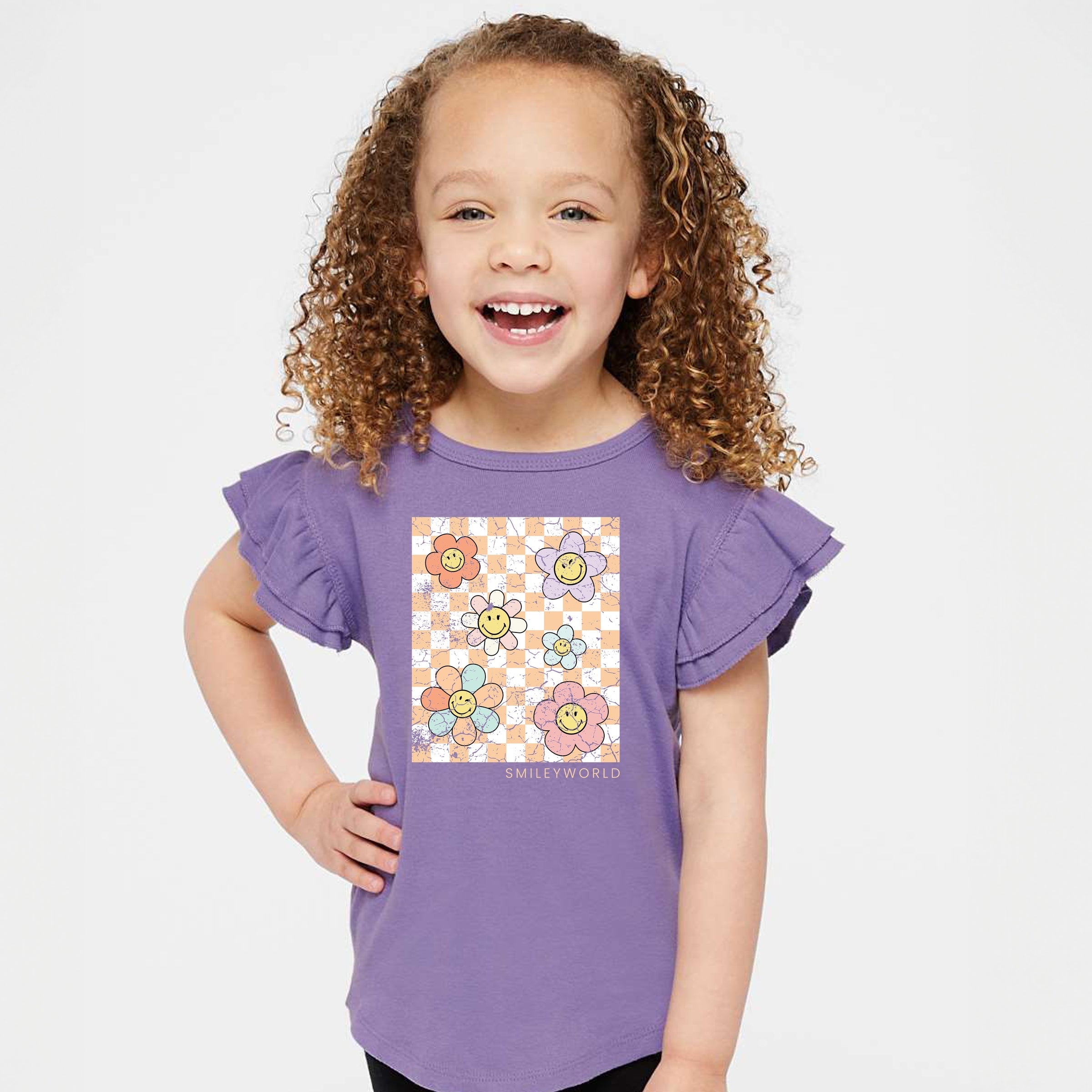 SmileyWorld Checkered Floral Distressed - Flutter Sleeve Graphic T-Shirt